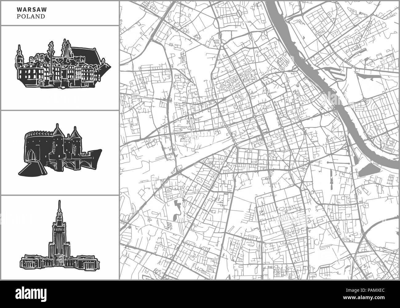 Warschau Stadtplan mit Hand gezeichnete Architektur Symbole. Alle drawigns, Karte und Hintergrund für einfache Farbe ändern getrennt. Einfache Neupositionierung im Vektor ver Stock Vektor