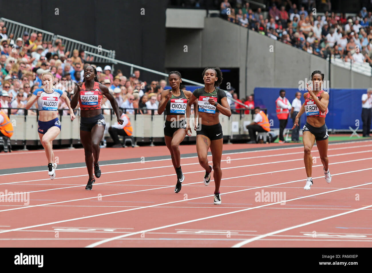 Anastasia LE-ROY, Stephenie Ann MCPHERSON, Courtney OKOLO, Anyika ONUORA, Amy ALLCOCK läuft in 400 m der Frauen, 2018 IAAF Diamond League, London UK Stockfoto