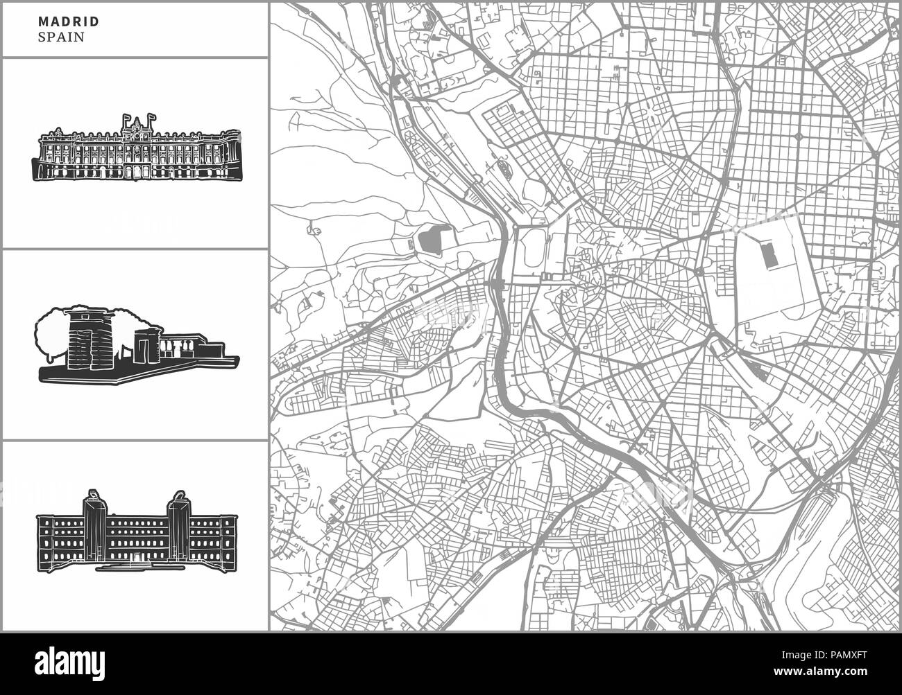 Madrid Stadtplan mit Hand gezeichnete Architektur Symbole. Alle drawigns, Karte und Hintergrund für einfache Farbe ändern getrennt. Einfache Neupositionierung im Vektor ver Stock Vektor