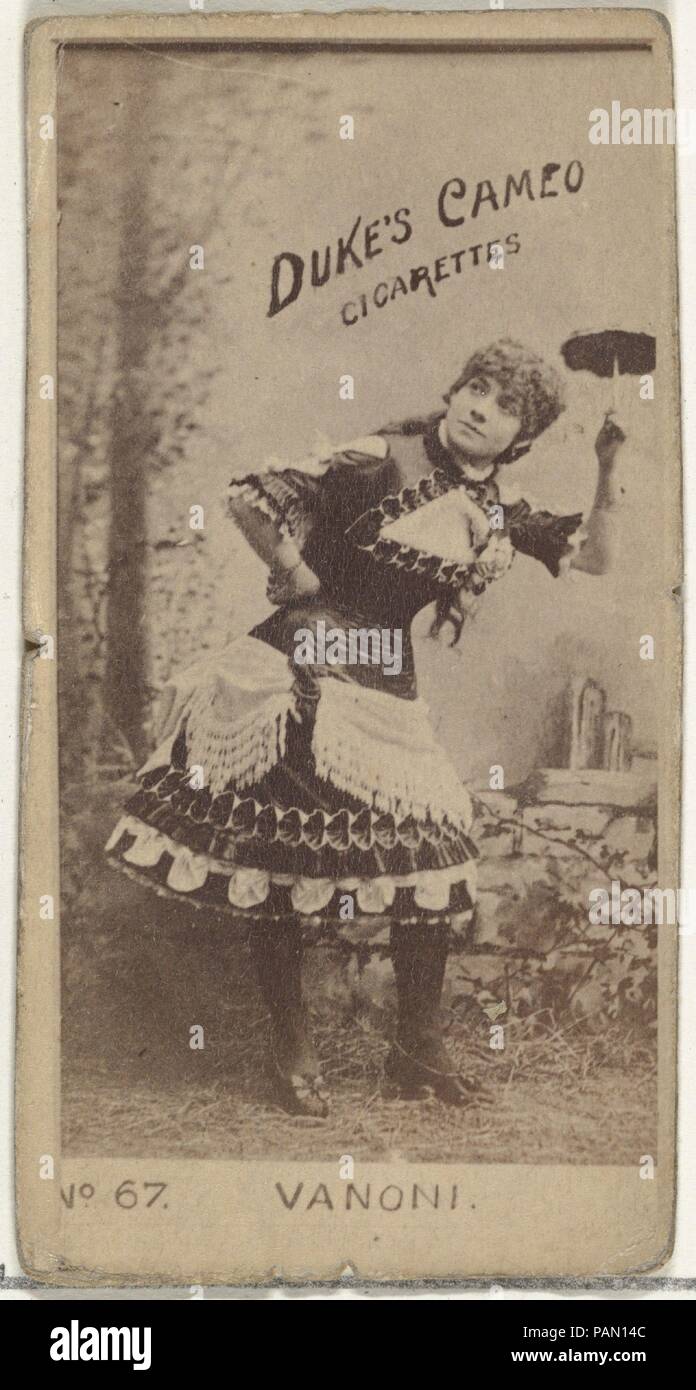 Karte Nr. 67, Miss Vanoni, von den Schauspielern und Schauspielerinnen Serie (N 145-4) durch Herzog Söhne & Co. ausgegeben Cameo Zigaretten zu fördern. Maße: Blatt: 2 11/16 x 1 3/8 in. (6,8 × 3,5 cm). Herausgeber: Herausgegeben von W. Herzog, Söhne & Co. (New York und Durham, N.C.). Datum: 1880. Handel Karten aus dem Set "Schauspieler und Schauspielerinnen" (N 145-4), in der 1880 veröffentlichten s von W. Herzog Söhne & Co.Cameo Zigaretten zu fördern. Es gibt acht Untergruppen der N145-Serie. Verschiedene Untersätze Sport andere Karte Designs und auch verschiedene Tabak Marken von W. Herzog Söhne & Company vertreten zu fördern. Die Karte ist ab dem vierten Sub Stockfoto