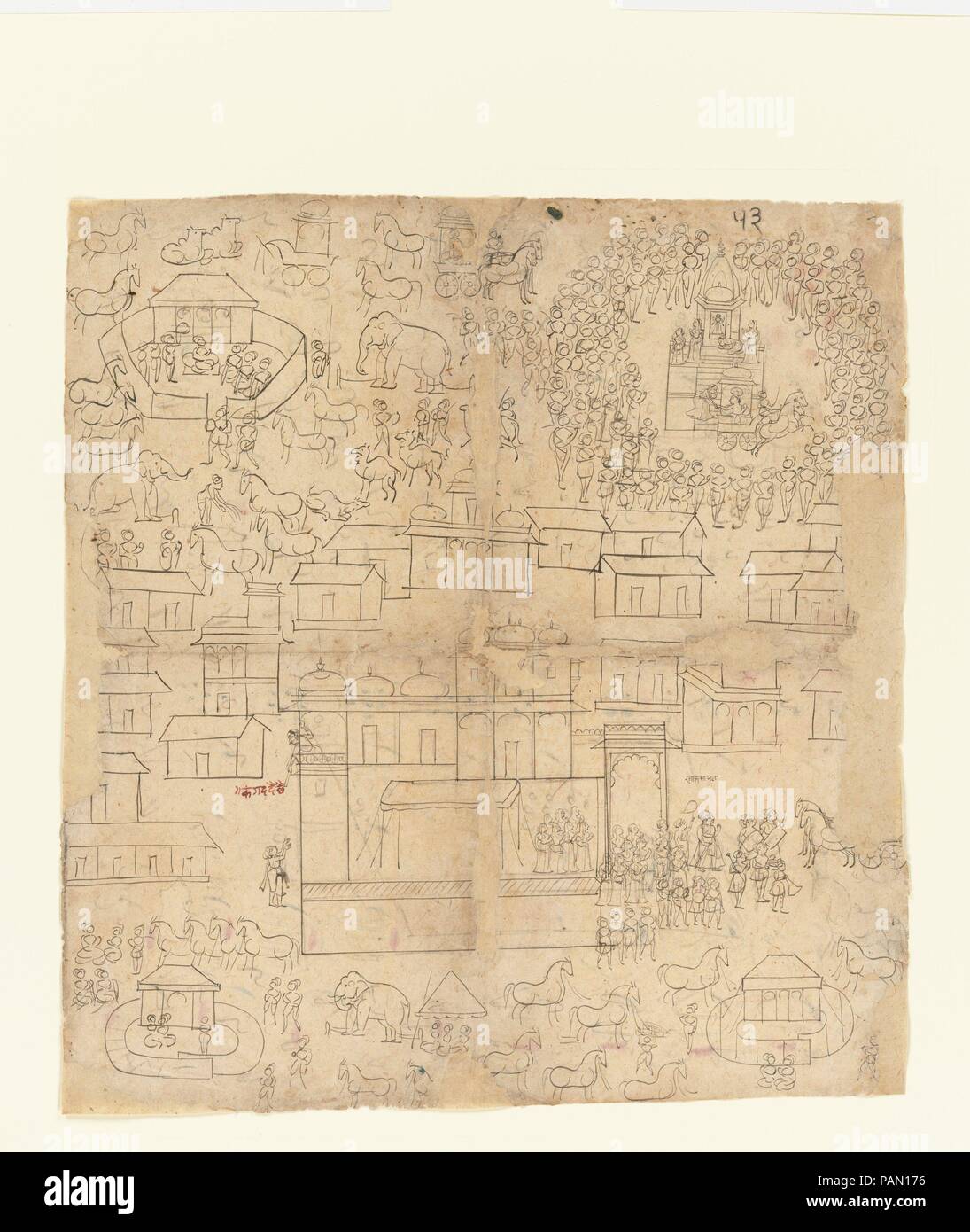 Stadtbild. Kultur: Indien (rajasthan). Abmessungen: Bild (sehen): 19 1/4 x 20 3/4 in. (48,9 x 52,7 cm) Gerahmt: 28 x 32 in. (71,1 x 81,3 cm). Datum: 18. bis 19. Jahrhundert. Dieses einfache, aber selbstbewusst gezeichnete Skizze einer Stadt präsentiert eine zentrale Palast, der von vier Ecke Szenen umgeben. In der oberen rechten, eine Masse ist um einen Tempel, Häuser vier bewaffnete Göttin gesammelt. In der unteren rechten, Raja Saspal, durch die Inschrift identifiziert, wird von Musikern und Betreuer begleitet. In der oberen linken Ecke, eine sitzende noble Adressen Gäste in ein Lager von Elefanten, Pferde, Kamele umgeben, und Stiere. An Stockfoto