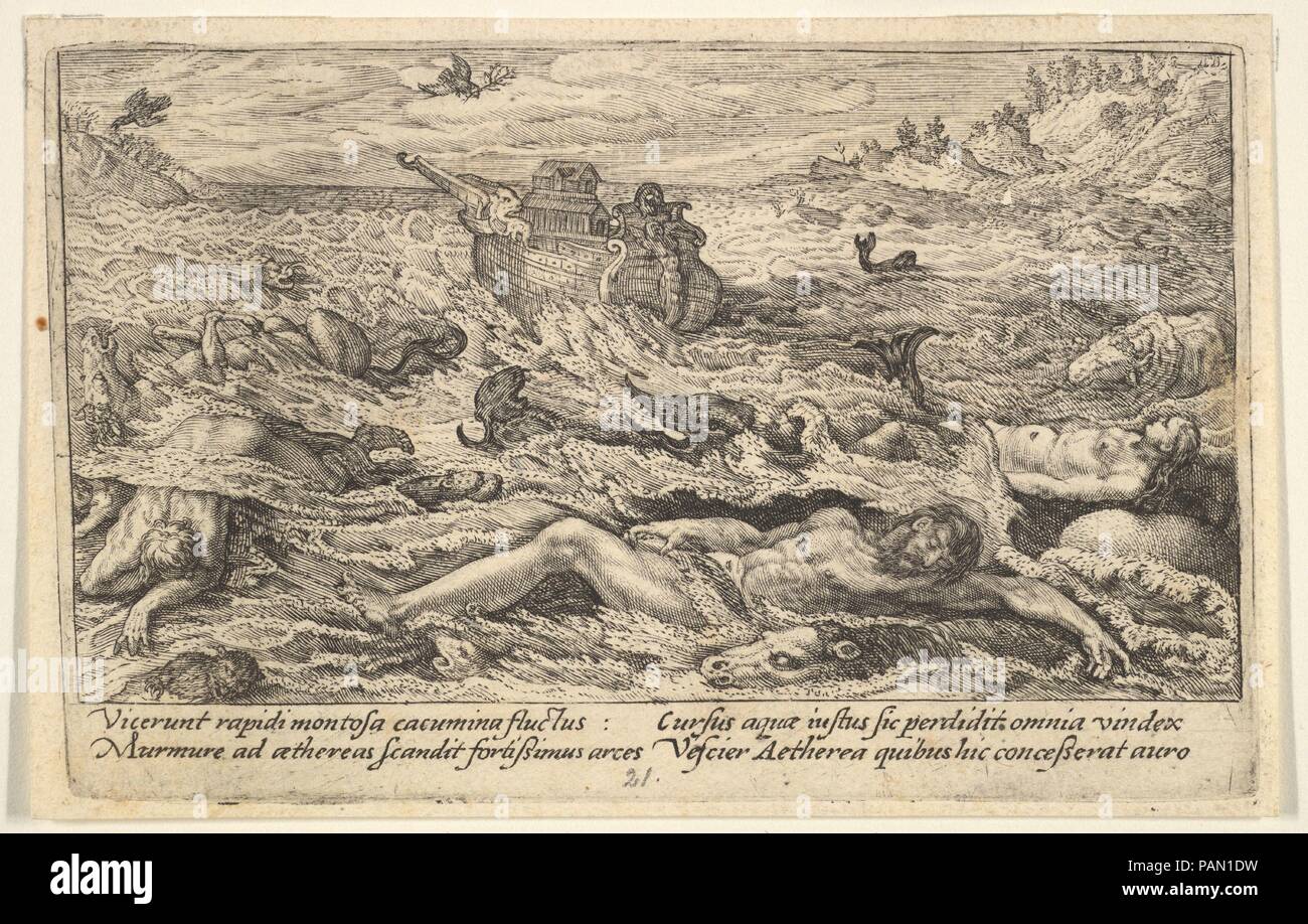 Die Flut zerstört das Leben auf der Erde: Leichen von Menschen und Tieren hilflos in den Vordergrund, die Arche Noah jenseits und eine fliegende Taube Holding ein Zweig oben, aus einer Serie von Gravuren für die erste Ausgabe des "Liber Genesis' gemacht. Artist: Crispijn de Passe der Ältere (Niederländischen, Arnemuiden 1564-1637 Utrecht). Maße: Blatt: 3 3/8 x 5 1/4 in. (8,6 x 13,3 cm) Platte: 3 3/16 x 5 1/16-in. (8,1 x 12,9 cm). Serie/Portfolio: Gravuren für die erste Ausgabe des "Liber Genesis' gemacht. Datum: 1612. Museum: Metropolitan Museum of Art, New York, USA. Stockfoto