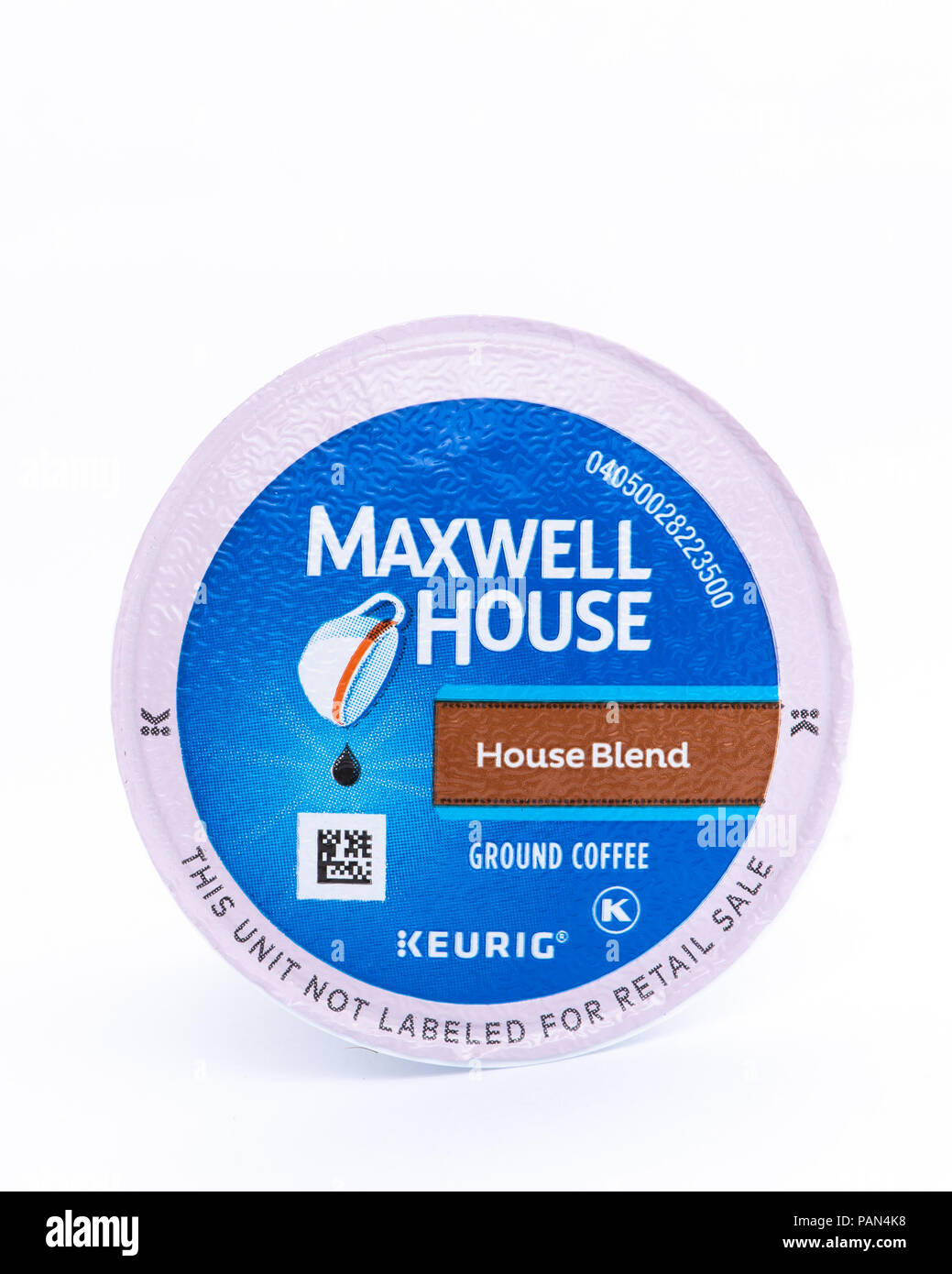 Eine Portion K-padhalter von Maxwell House - Haus Mischung Röstung Arabica Kaffee für den Einsatz in K-Schale Keurig Brewers. Stockfoto