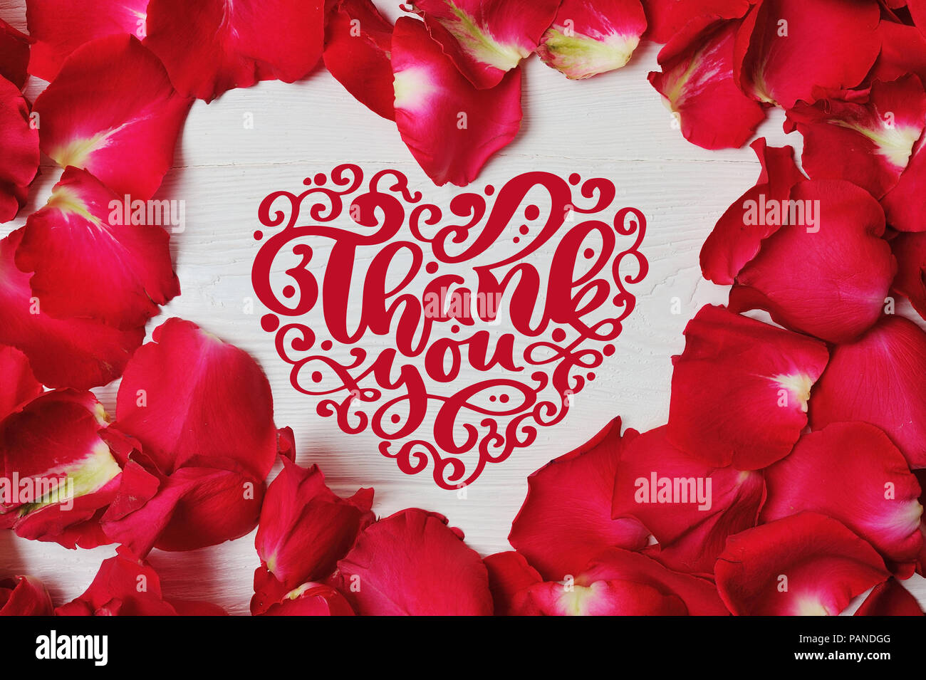 Rote Rosenblätter in der Form von Herzen mit Kalligrafischen text Danke, Schriftzug Thanksgiving Day. Flach. Ansicht von oben Stockfoto