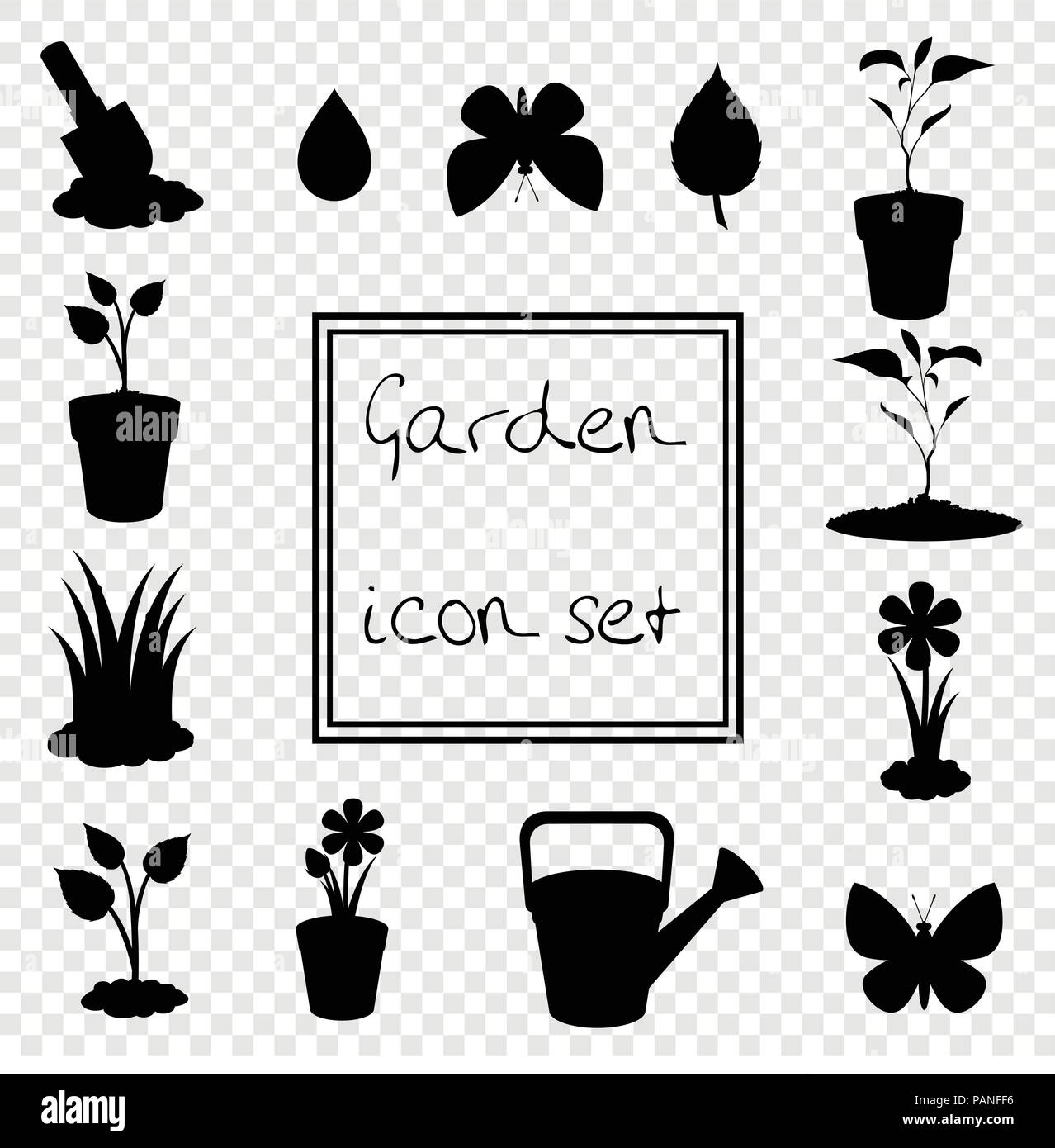 Schwarze Silhouette der Gartenarbeit Symbole auf Transparenten Hintergrund isoliert. Vektor Illustrationen, Symbole, Zeichen, Vorlagen für Design. Stock Vektor
