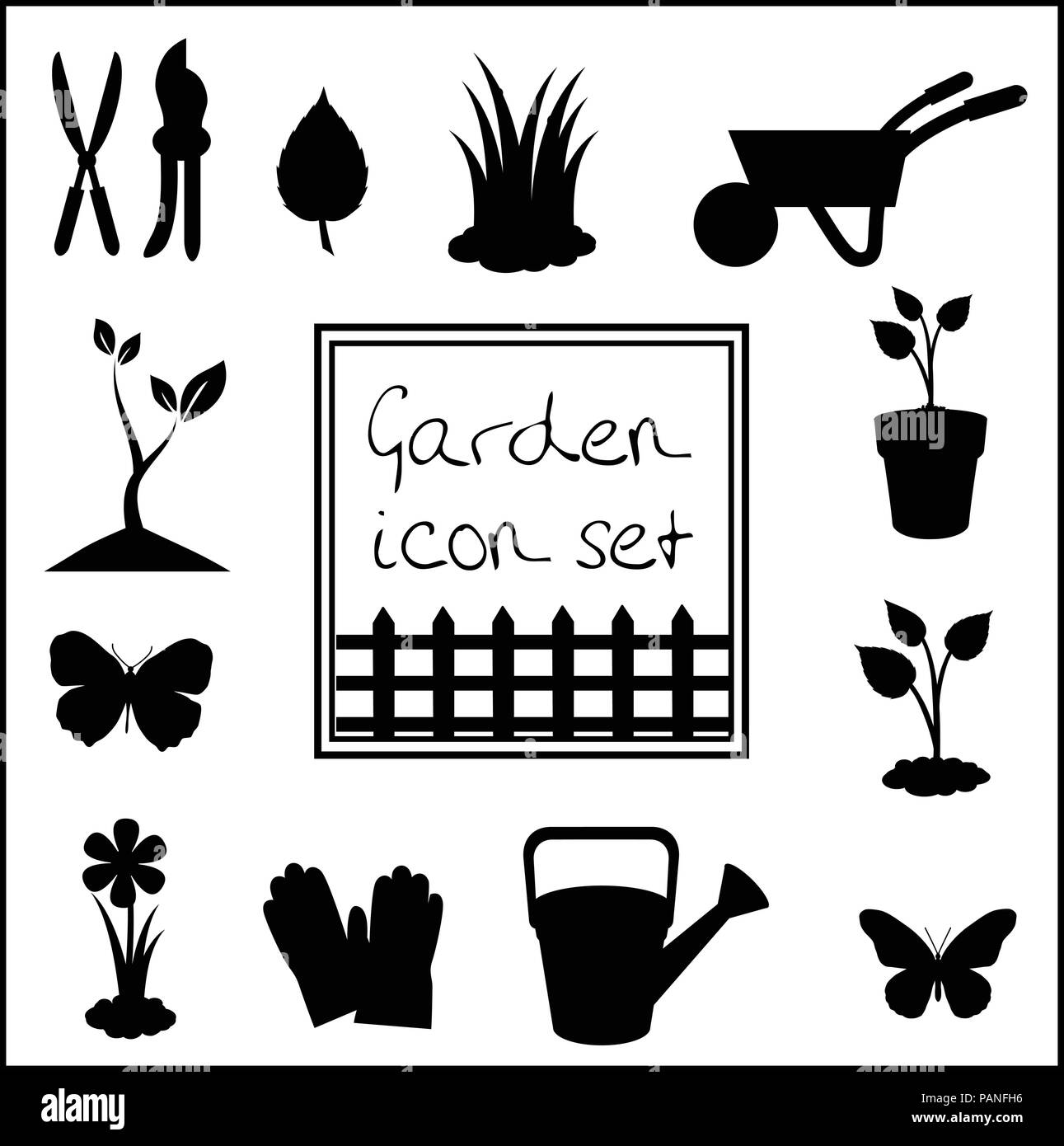 Schwarze Silhouetten von Garten Symbol auf weißem
