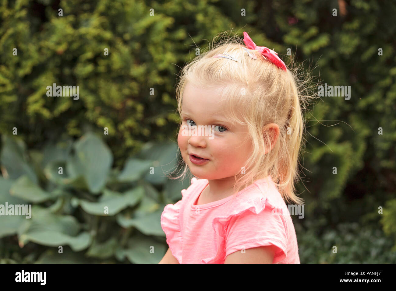 3 Jahre altes Mädchen im Garten Stockfoto