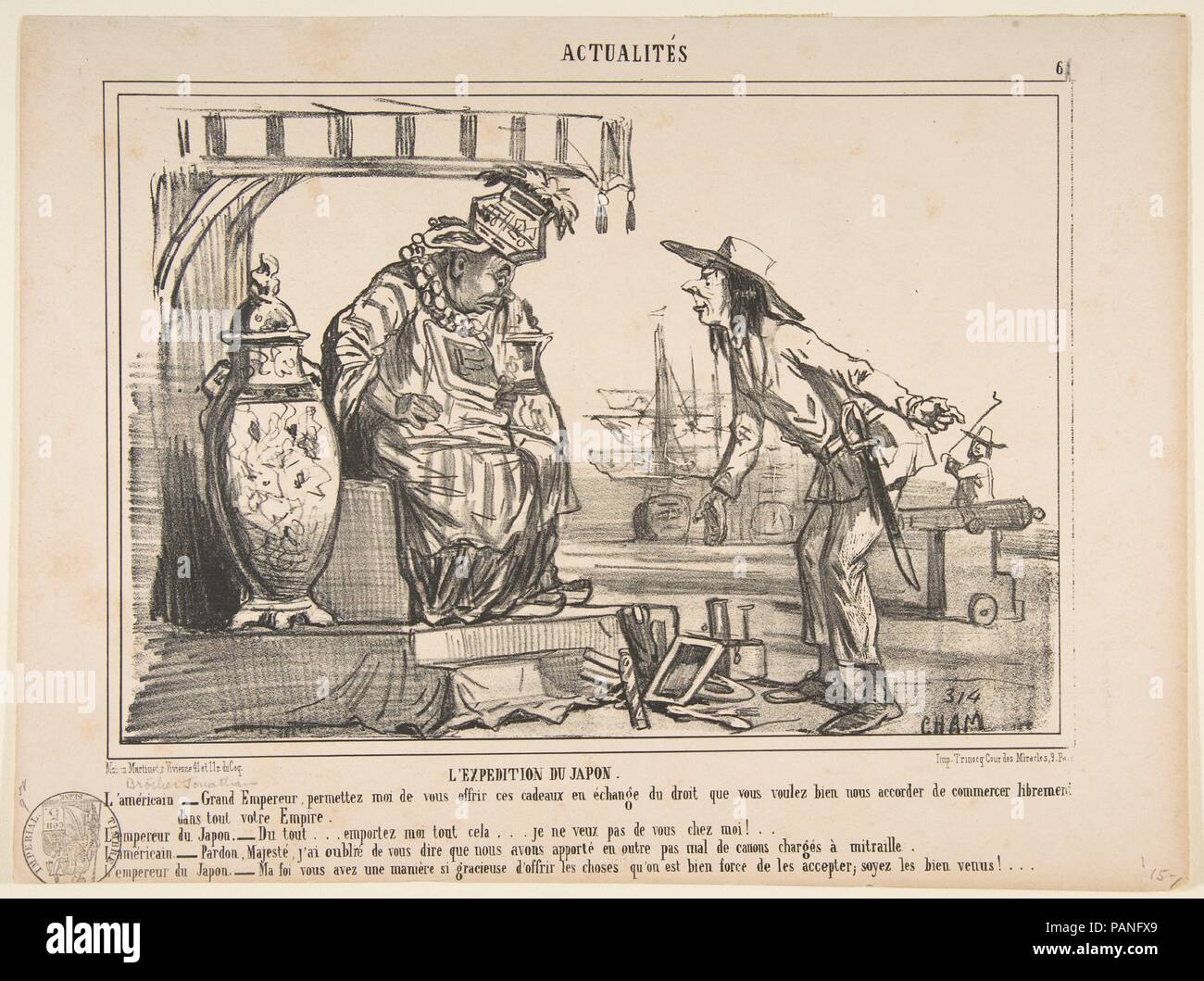 Die Japan Expedition, von CMS, in Le Charivari veröffentlicht. Artist: Cham (Amédée Charles Henri, Comte de Noé) (Französisch, Paris 1819-1879 Paris). Maße: Blatt: 10 1/16 × 13 11/16 in. (25,6 × 34,7 cm) Bild:7 9/16-in. × 11 in. (19,2 × 27,9 cm). Drucker: Charles Trinocq (Paris). Herausgeber: Aaron Martinet (Französisch, 1762-1841). Datum: 15. Oktober 1853. Museum: Metropolitan Museum of Art, New York, USA. Stockfoto