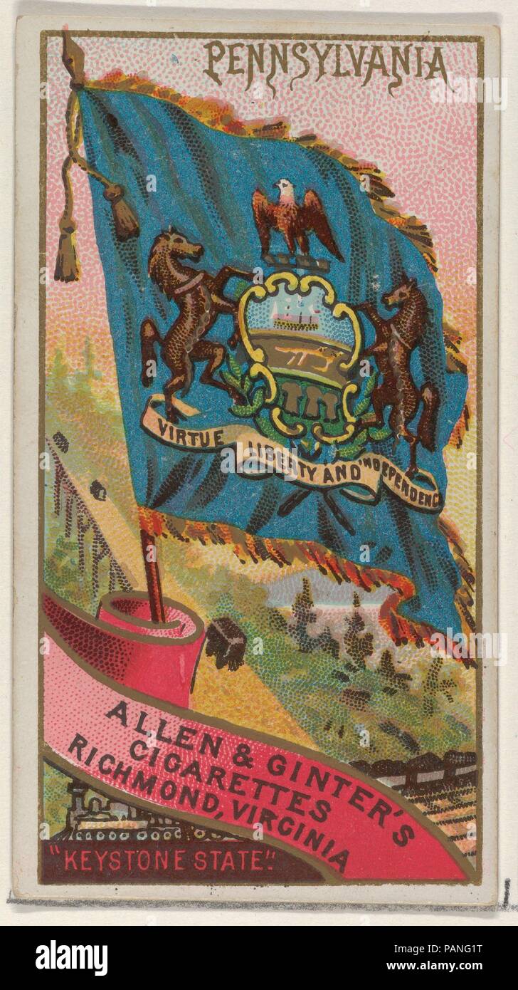 Pennsylvania, von Fahnen der Staaten und Territorien (N11) für Allen & Ginter Zigaretten Marken. Maße: Blatt: 2 3/4 x 1 1/2 in. (7 x 3,8 cm). Herausgeber: Herausgegeben von Allen&Ginter (Amerikanische, Richmond, Virginia). Datum: 1888. Handel Karten aus dem 'Flaggen der Bundesstaaten und Territorien'-Reihe (N11), im Jahr 1888 in einem Satz von 47 Karten Allen&Ginter Marke Zigaretten fördern soll. Es gibt auch ca. 100 Blättern Farbvariationen. Die Sammlung des Museums enthält den vollständigen Satz von 47 Karten, sowie 54 Blättern Farbabweichungen und ein Ausschnitt Karte. Museum: Metropolitan Museum der Kunst, Neue Stockfoto