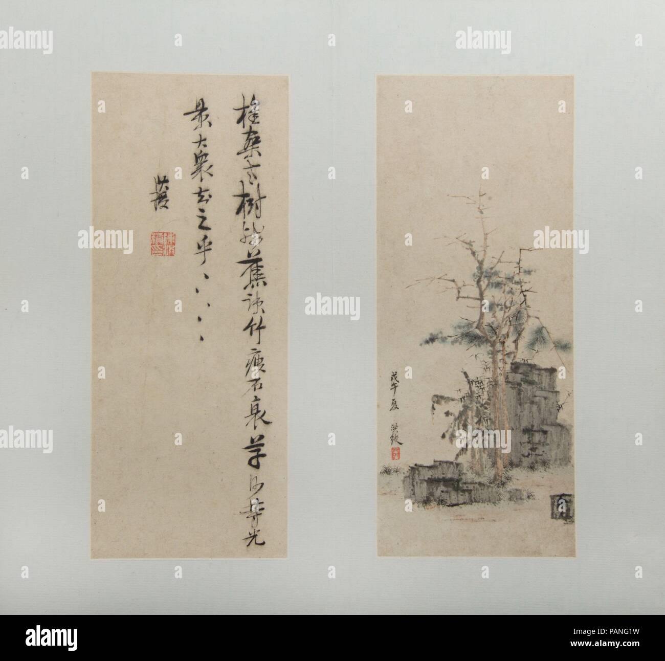 Landschaften, Figuren und Blumen. Artist: Chen Hongshou (Chinesisch, 1598-1652). Kultur: China. Abmessungen: Bild: 8 3/4 x 3 5/8 in. (22,2 × 9,2 cm) Inschrift: 8 3/4 x 3 5/8 in. (22,2 × 9,2 cm). Datum: 1618-1622 datiert. Dieses exquisite Album fertig, wenn Chen Hongshou zwischen 20 und 27 vier war, zeigt eine breite Palette von Gegenstand und eine außerordentlich anspruchsvolle Pinselstil, der zu seinem Ruf als jugendlich Prodigy bezeugen. Nicht lange danach wurde das Album abgeschlossen, das merkte Kenner und Künstler Chen Jiru fügte seinen kritischen Bemerkungen gegenüber einigen der Blätter im Album, ein Stockfoto