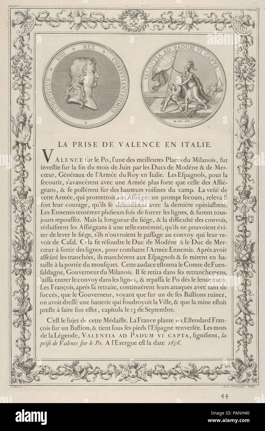 Die Erfassung von Valencia in Italien (La Prise de Valence en Italie). Artist: ludovicus Simoneau (Französisch); Nach Jean Berain (Französisch, Poincaré 1640-1711 Paris). Abmessungen: Bild: 12 9/16 x 8 1/4 in. (31,9 x 21 cm) Platte: 12 11/16 x 8 7/16 in. (32,3 x 21,4 cm) Blatt: 17 1/16 x 11 5/16 in. (43,3 x 28,8 cm). Datum: n. d.. Museum: Metropolitan Museum of Art, New York, USA. Stockfoto