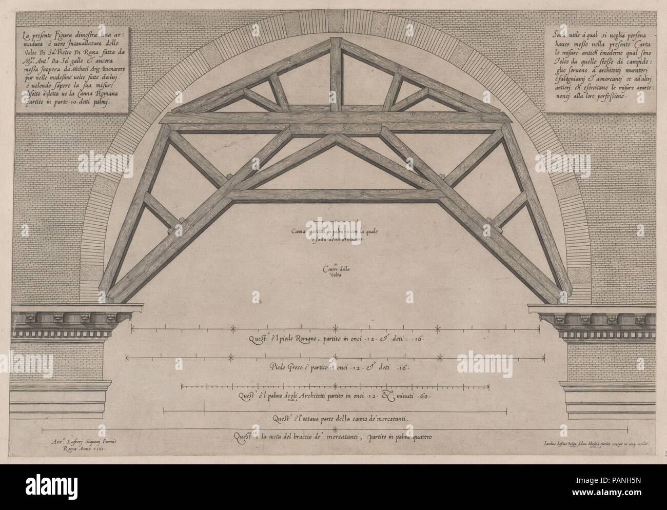 Speculum romanae Magnificentiae: Holz- Framework zur Unterstützung von Bögen in einem Gebäude. Artist: Jakob (us) Bos (Niederländischen, Herzogenbusch Ca. 1520, aktive Rom Ca. 1549-80). Maße: Blatt: 15 9/16 x 21 7/16 in. (39,5 x 54,5 cm) Platte: 12 5/8 x 18 5/16 in. (32 x 46,5 cm). Herausgeber: Antonio Lafreri (Französisch, Orgelet, Nord-Pas de Calais Ca. 1512-1577 Rom). Serie/Portfolio: Speculum romanae Magnificentiae. Datum: 16. Dieser Ausdruck stammt aus der Kopie für das Museum von Speculum romanae Magnificentiae (Der Spiegel der Römischen Pracht) Das Speculum seinen Ursprung im Verlags- Bemühungen der gefundenen Stockfoto