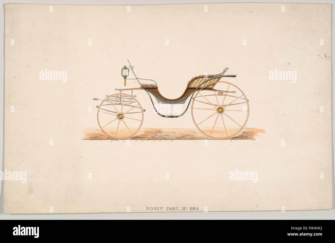 Design für Pony Park Phaeton, nein. 224. Künstler: Anonym, Französisch, 19. Maße: Blatt: 5 13/16 x 8 15/16 in. (14,8 × 22,7 cm). Datum: Ca. 1870. Brewster & Unternehmen Geschichte Gegründet 1810 von James Brewster (1788-1866) in New Haven, Connecticut, Brewster&Company, bei der Herstellung von feinen Wagen spezialisiert. Der Gründer eröffnet Showroom in New York 1827 am 53-54 Broad Street, und das Unternehmen unter Generationen der Familie Führung blühte. Expansion erforderte bewegt sich rund um Manhattan, mit Namen Änderungen betreffen, die die Schichten von Management - James Brewster & Söhne betreiben Stockfoto