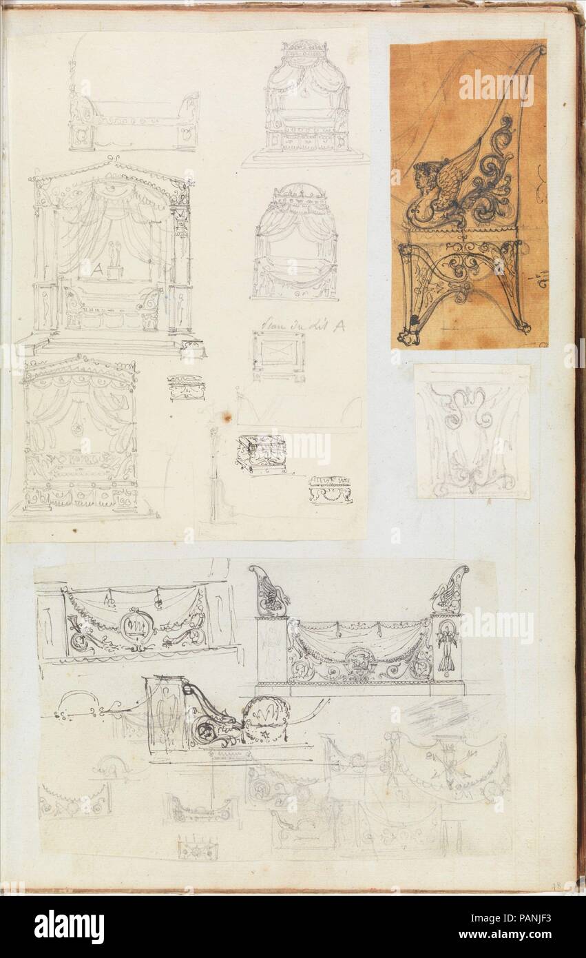 Scrapbook mit Zeichnungen und Drucke von Architektur, Inneneinrichtung, Möbel und andere Gegenstände. Artist: Workshop von Charles Percier (Französisch, Paris 1764-1838 Paris); Workshop von Pierre François Léonard Fontaine (Französisch, Pontoise 1762-1853 Paris). Abmessungen: 15 11/16 x 10 in. (39,8 x 25,4 cm). Datum: Ca. 1800-1850. Museum: Metropolitan Museum of Art, New York, USA. Stockfoto