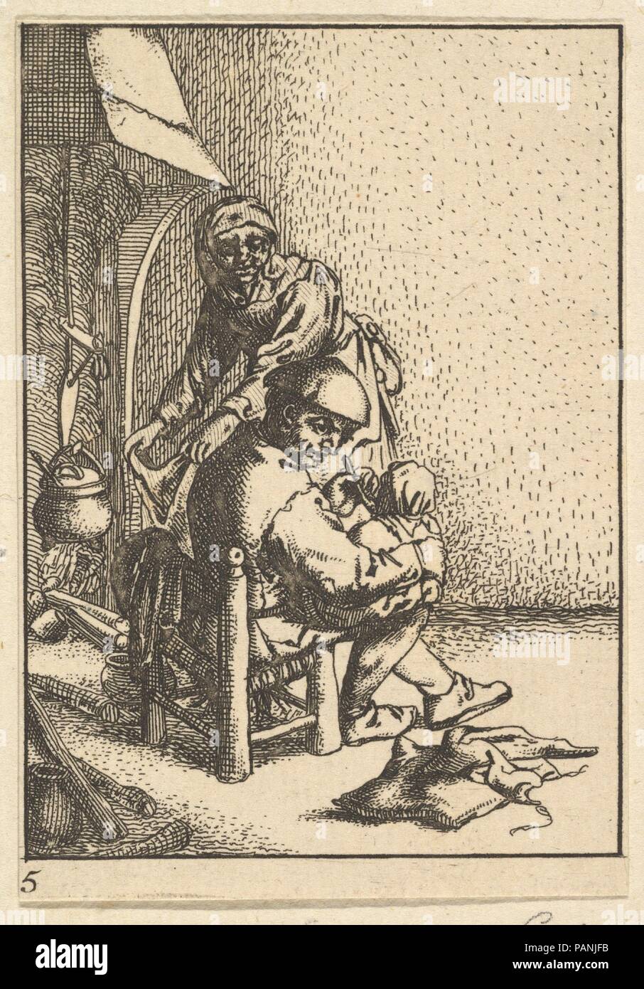 Vater sein Kind füttern. Artist: Nach: Adriaen van Ostade (Niederländisch, Haarlem Haarlem 1610-1685). Maße: Blatt: 3 9/16 x 2 7/16 in. (9 × 6,2 cm). Datum: 1610-85. Museum: Metropolitan Museum of Art, New York, USA. Stockfoto