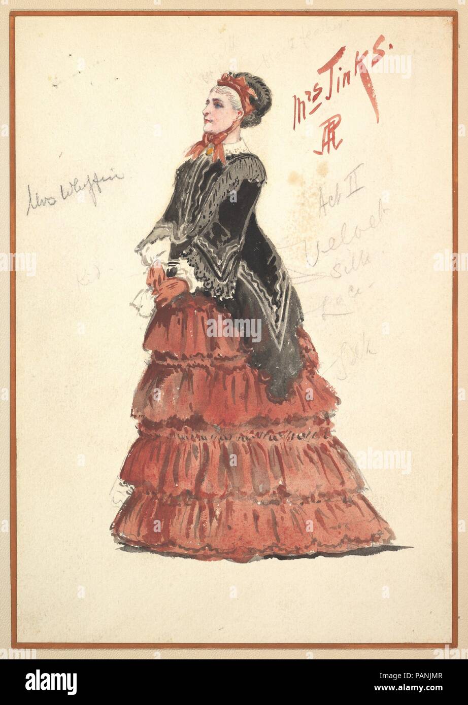 Kostüme für 'Mrs. Jinks', Act II. Artist: Percy Anderson (Briten, 1850/51-1928 London). Abmessungen: Insgesamt: 11 5/8 x 8 9/16 x 1 3/8 in. (29,5 x 21,8 x 3,5 cm). Datum: 1901. Design für das Kostüm für 'Mrs. Jinks' für den zweiten Akt des Stückes 'Captain Jinks der Horse Marines". 'Mrs. Jinks' wird angezeigt, in Profil nach links. Sie trägt einen schwarzen Samt und Seide Top mit einem roten Tiered und zerzauste Rock. Sie trägt rote Handschuhe und ein Taschentuch. Museum: Metropolitan Museum of Art, New York, USA. Stockfoto