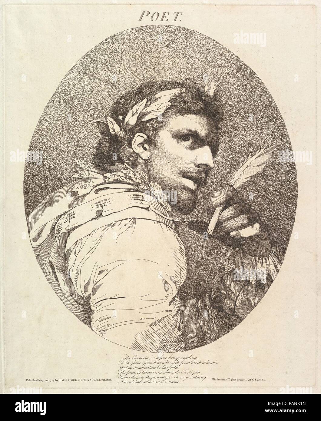 Dichter (12 Zeichen von Shakespeare). Künstler und Graveur: geätzt und von John Hamilton Mortimer (Briten, Eastbourne London 1740-1779) veröffentlicht. Abmessungen: Platte: 15 11/16 x 12 11/16 in. (39,9 x 32,2 cm) Blatt (Kanten unter gefaltet): 21 5/16 x 13 11/16 in. (54,2 x 34,8 cm). Betrifft: William Shakespeare (Britisch, Stratford-upon-Avon 1564-1616 Stratford-upon-Avon). Datum: 20.Mai 1775. Mortimer bewundert Salvator Rosa, Aspekte seiner dramatischen Stil aufgenommen, und sie versuchten britische Äquivalente für seine Untertanen. Diese radierung stammt aus einer Serie, die Mortimer gewidmet zu führenden Shakespeare verwen Stockfoto