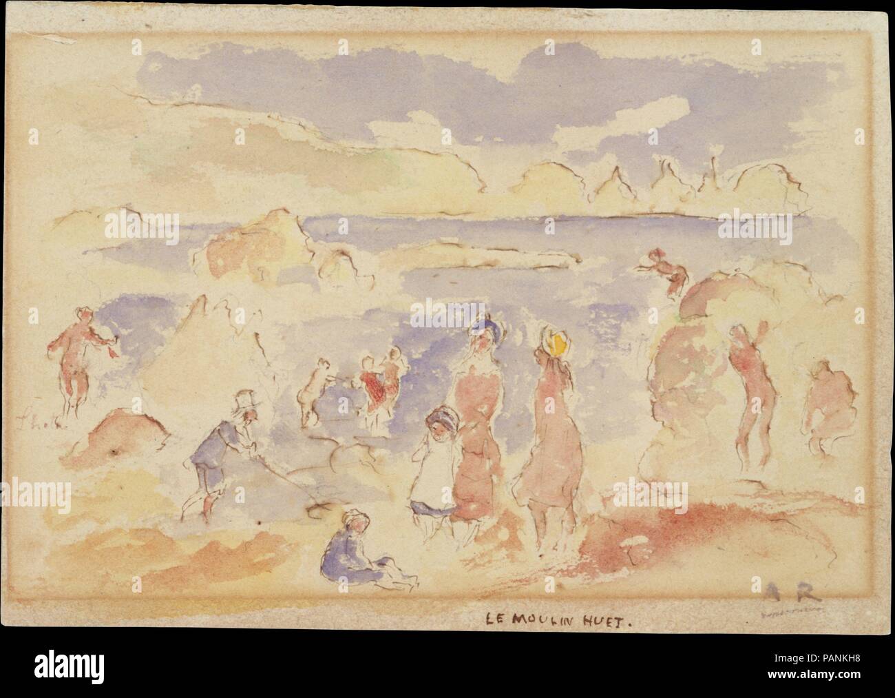 Beach Szene. Artist: Auguste Renoir (Französisch, Limoges 1841-1919 Cagnes-sur-Mer). Abmessungen: 3 3/8 x 4 3/4 in. (8,5 x 12 cm). Datum: 1883. Dieses kleine Aquarell war an der südöstlichen Küste von Guernsey, einer Insel im Ärmelkanal. Renoir hat sich die große Freude in Guernsey, wie er in einem Brief an seine Händler Paul Camille bemerkte. Es gibt keine bessere Sicht als diese Mischung aus Frauen und Männern voll zusammen auf diesen Felsen. Sie würden denken, dass sie in einer Landschaft wurden von Watteau als im realen Leben. Ich werde daher eine Quelle echter, anmutige Themen, von denen ich in der Lage sein zu machen Stockfoto