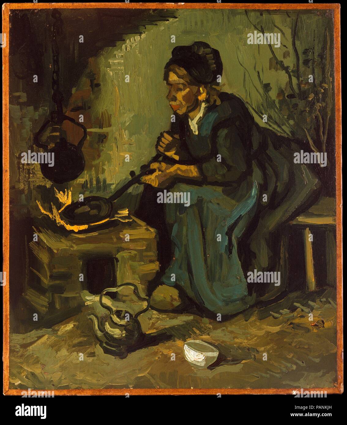 Bäuerin Kochen durch einen Kamin. Künstler: Vincent Van Gogh (Niederländisch, Zundert 1853-1890 Auvers-sur-Oise). Abmessungen: 17 3/8 x 15 in. (44,1 x 38,1 cm). Datum: 1885. Diese Arbeit wurde in Nuenen im späten Frühjahr 1885 hatte, nur nach Van Gogh abgeschlossen <i> Die Kartoffelesser</i> (Van Gogh Museum, Amsterdam), in der gleichen dunklen Farbtönen, die der Künstler von "grüne Seife" oder "Eine wirklich staubig Kartoffeln, ungeschält Natürlich erinnert." Van Gogh war überzeugt, dass es langfristig bessere Ergebnisse zu malen [Bauern] in ihrer Grobheit als mit herkömmlichen Süße vorstellen... Wenn ein Bauer Malerei riecht nach Stockfoto