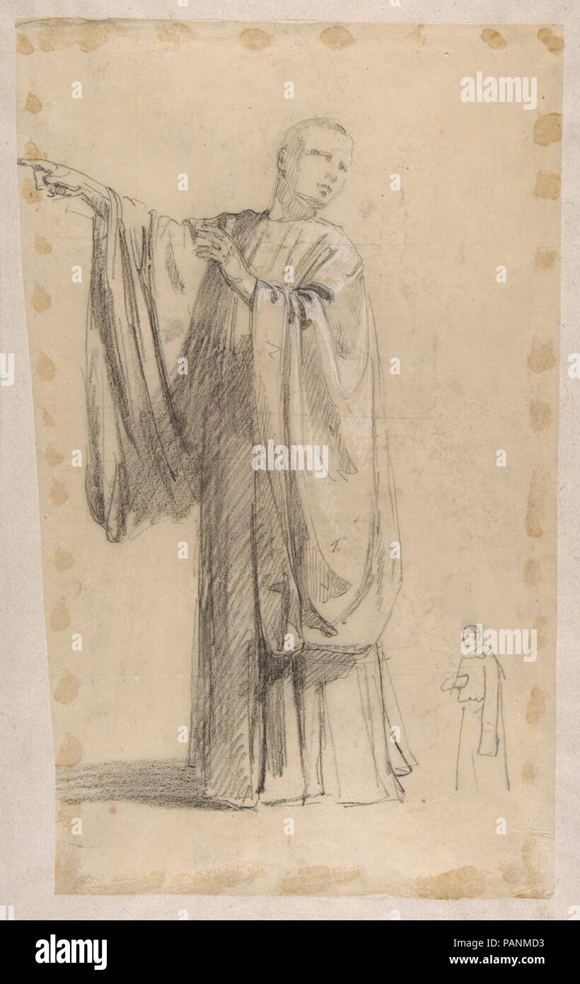 Kleriker (untere Register; Studie für die Wandmalereien in der Kapelle Saint Remi, Sainte-Clotilde, Paris, 1858); schwarze Kreide Landschaft Skizze auf der Rückseite des Supports. Artist: Isidore Pils (Französisch, Paris 1813/15-1875 Douarnenez). Abmessungen: 15 7/8 x 9 7/16 in. (40,4 x 24,0 cm); Support: 18 3/4 x 12 1/4 in. (47,7 x 31,1 cm). Datum: 19. Museum: Metropolitan Museum of Art, New York, USA. Stockfoto