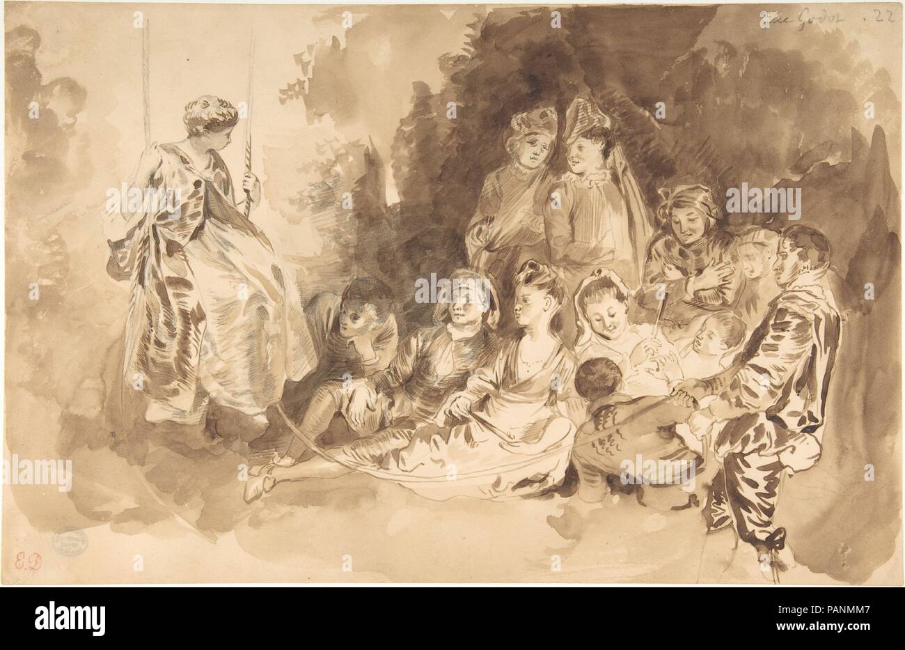 "Die Schaukel" nach Antoine Watteau (Les Agréements de l'été). Künstler: Eugène Delacroix (Französisch, Charenton-Saint-Maurice 1798-1863 Paris); Nach Antoine Watteau (Französisch, Valenciennes 1684-1721 Nogent-sur-Marne). Abmessungen: 8-7/16 x 13in. (21,4 x 33,0 cm). Datum: 1798-1863. Museum: Metropolitan Museum of Art, New York, USA. Stockfoto