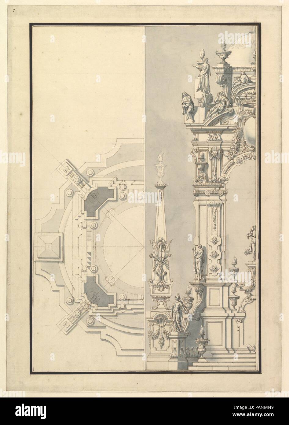 Halbe Höhe und die Hälfte Grundriss für ein katafalk Für eine kurfürstin von der Pfalz. Artist: Workshop von Giuseppe Galli Bibiena (Italienisch, Parma 1696-1756 Berlin). Abmessungen: 20 x 14-1/4-in. (50,8 x 36,2 cm). Datum: 1696-1756. Museum: Metropolitan Museum of Art, New York, USA. Stockfoto