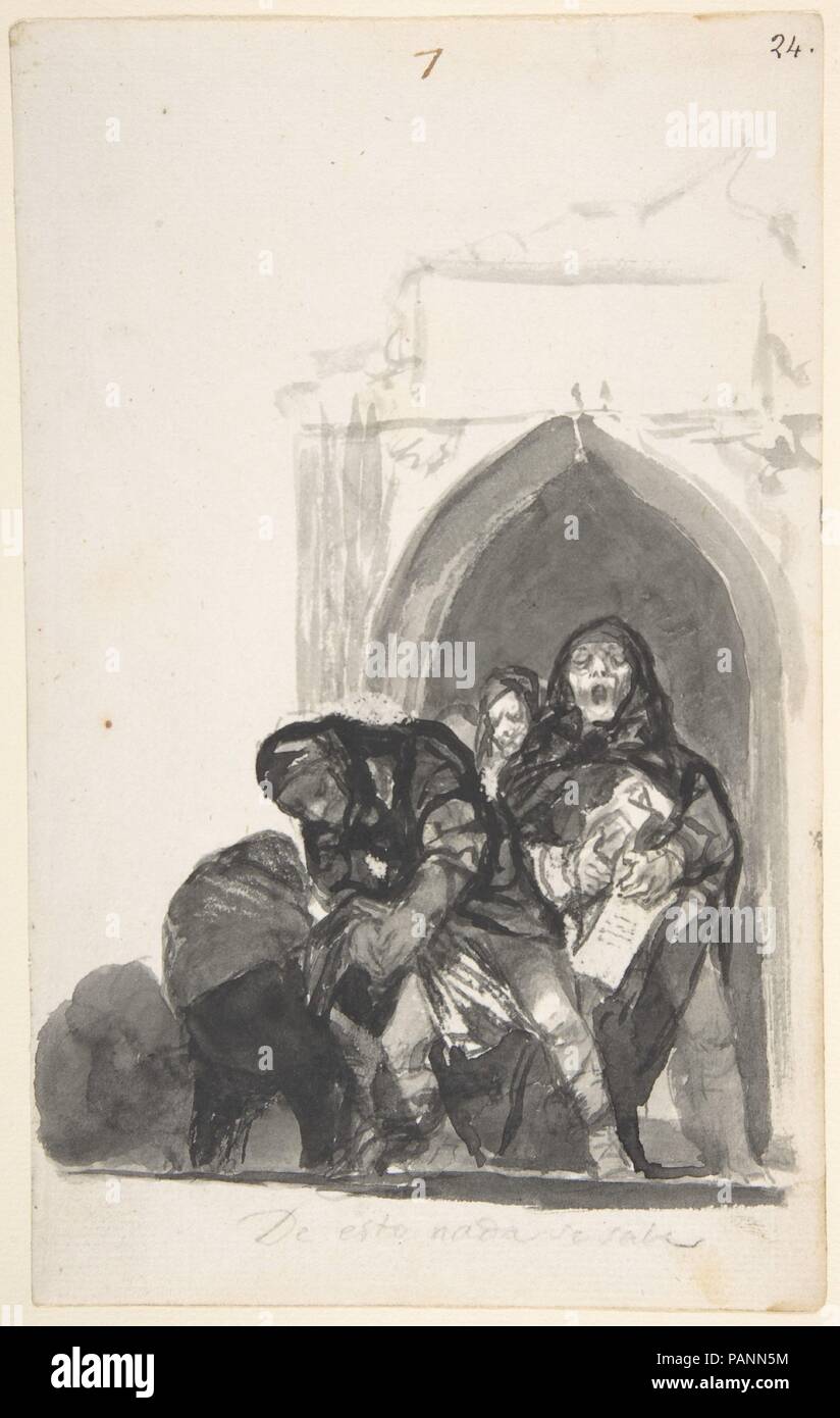 'Nichts' bekannt ist; zwei Zahlen herauf ein Körper vor einer Kirche, einem Mönch singen neben Ihnen und anderen in den Hintergrund; Folio 7 aus der Hexen und alten Frauen Album 'D'. Artist: Goya (Francisco de Goya y Lucientes) (Spanisch, Fuendetodos 1746-1828 Bordeaux). Maße: Blatt: 9 5/16 x 5 7/8 in. (23,7 × 14,9 cm). Datum: 1819-23. Museum: Metropolitan Museum of Art, New York, USA. Stockfoto