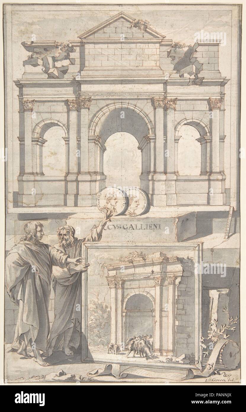 Eine Rekonstruktion des Bogens von Gallienus (oben) und ein Blick auf die Ruinen (unten). Artist: Jan Goeree (Niederländisch, Middelburg 1670-1731 Amsterdam). Abmessungen: 13 1/8 x 8 13/64 in. (33,3 x 20,8 cm). Datum: vor 1704. Museum: Metropolitan Museum of Art, New York, USA. Stockfoto