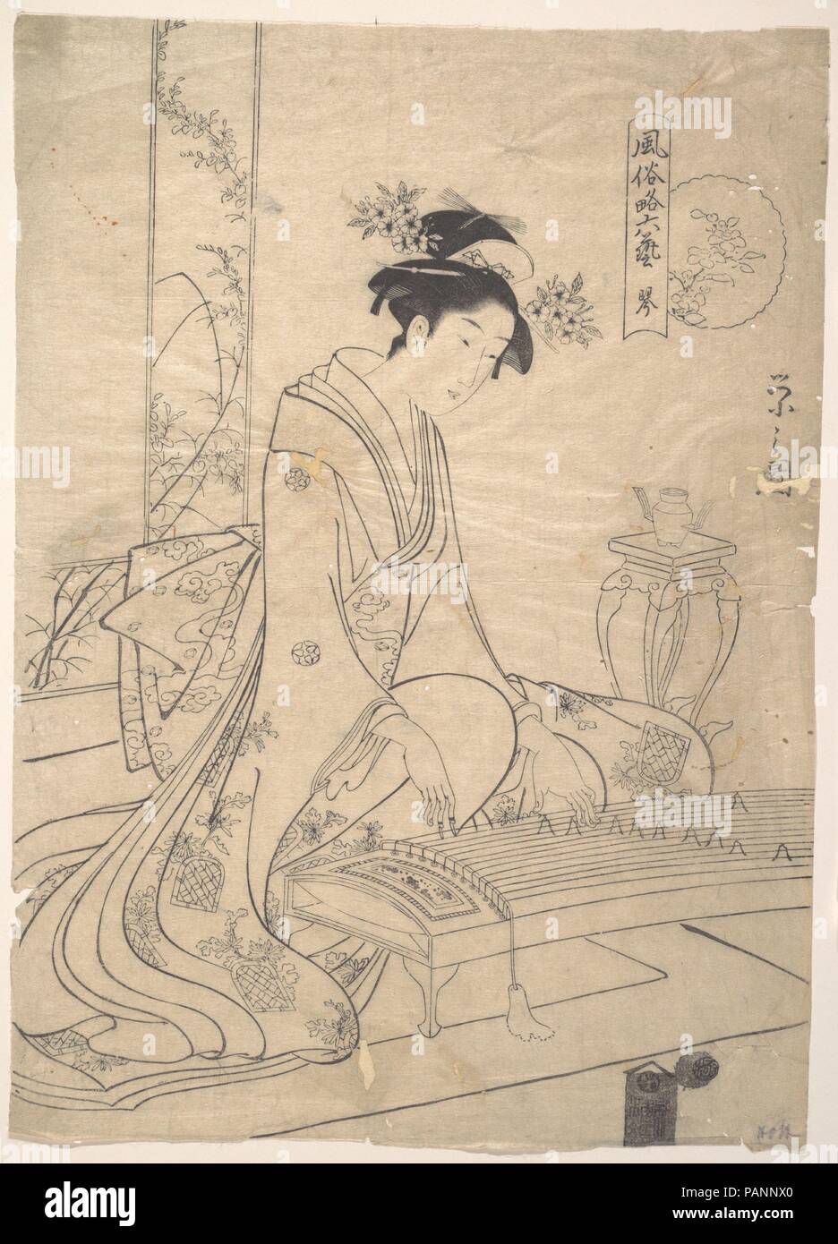 Junge Dame spielen ein Musikinstrument. Artist: Chobunsai Eishi (Japanisch, 1756-1829). Kultur: Japan. Abmessungen: H 14. (35,6 cm); W. 10. (25,4 cm). Museum: Metropolitan Museum of Art, New York, USA. Stockfoto