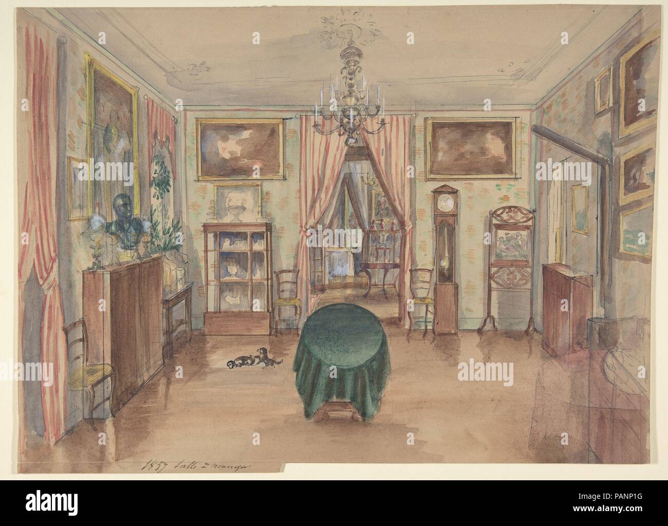 Zeichnung der Innenansicht: Salle à Manger. Künstler: Anonym, Französisch, 19. Maße: Blatt: 8 1/8 x 11 in. (20,7 x 28 cm). Datum: 1857. Museum: Metropolitan Museum of Art, New York, USA. Stockfoto