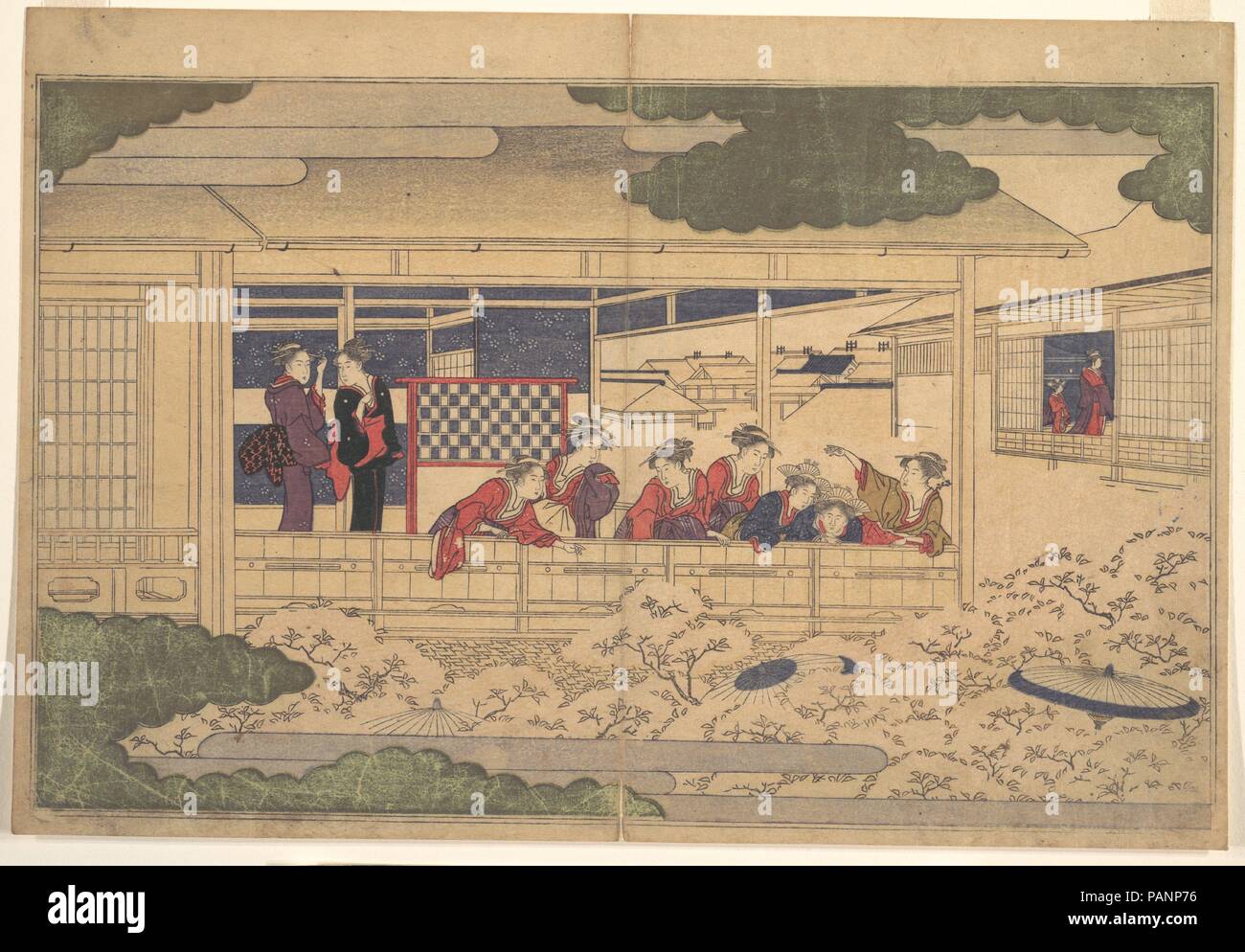 Anzeigen von Kirschblüten. Artist: Kitagawa Utamaro (Japanisch, Ca. 1754-1806). Kultur: Japan. Abmessungen: Bild: 8 7/8 in. X 14 in. (22,5 × 35,6 cm). Datum: 1790. In Zeiten der Beobachter ist das Hauptthema. In diesem Blatt aus einem Buch von Utamaro, eine lebendige Gruppe von Frauen nimmt in den Blick von einem Balkon im Stadtteil Yoshiwara. Sie gegen das Geländer Masse, einige über lehnte sich anrufen, um die unten. Die Objekte Ihrer Aufmerksamkeit kann nicht gesehen, doch ihre Präsenz ist durch die Sonnenschirme, dass Bob unter dem Meer von blühenden Bäumen im Vordergrund angezeigt. Diese Darstellung kann eine humorvolle Spielen o Stockfoto