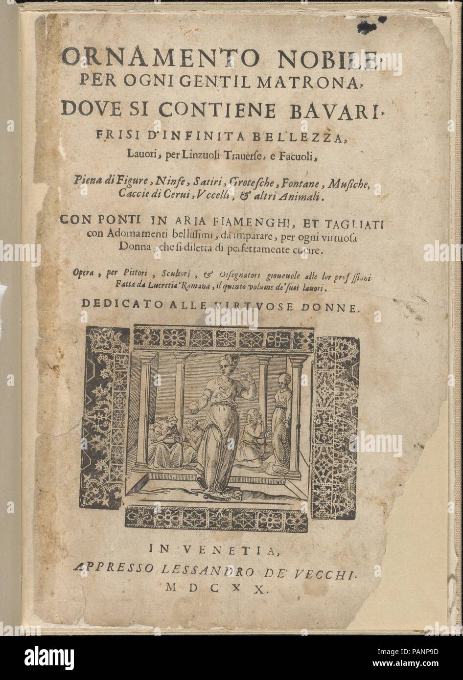 Ornamento Nobile... Fatta da Lucretia Romana (Libro V des Corona), Titelseite (recto). Autor: Cesare Vecellio (Italienisch, Pieve di Cadore 1521-1601 Venedig). Abmessungen: Insgesamt: 12 3/16 x 8 1/4 in. (31 x 21 cm). Herausgeber: Alessandro De' Vecchi (Italienisch, aktive Venedig, 1570-1629). Datum: 1620. Von Cesare Vecellio, Italienisch, Pieve di Cadore 1521-1601 Venedig, veröffentlicht von Alessandro De' Vecchi geschrieben. Von oben nach unten und von links nach rechts: Titel in Schwarz gedruckt. Unter dem Titel ist eine Szene mit der Darstellung eines gekleidete weibliche Statue auf einer Schildkröte steht und halten ein rundes Objekt in Ihrer rechten Hand. In der b Stockfoto