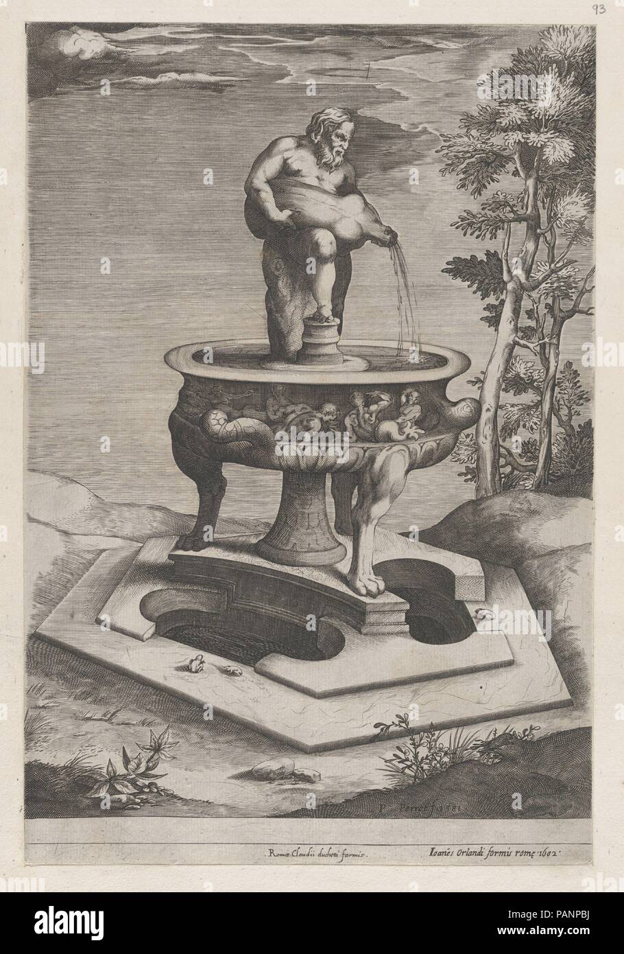 Speculum romanae Magnificentiae: ein Brunnen und Becken. Künstler: Pieter Perret (Niederländischen, 1555-1639). Maße: Blatt: 16 15/16 x 12 3/16 in. (43 x 31 cm): 13 7/8 x 9 7/16 in. (35,3 x 24 cm). Herausgeber: Claudio Duchetti (Italienisch, aktive Venedig und Rom, Ca. 1565 - starb. 1585); Giovanni Orlandi (Italienisch, Aktiv, Rom, Neapel, von Ca. 1590-1613, gestorben 1640). Serie/Portfolio: Speculum romanae Magnificentiae. Datum: 1581. Dieser Ausdruck stammt aus der Kopie für das Museum von Speculum romanae Magnificentiae (Der Spiegel der Römischen Pracht) Das Speculum seinen Ursprung in der publishin gefunden Stockfoto