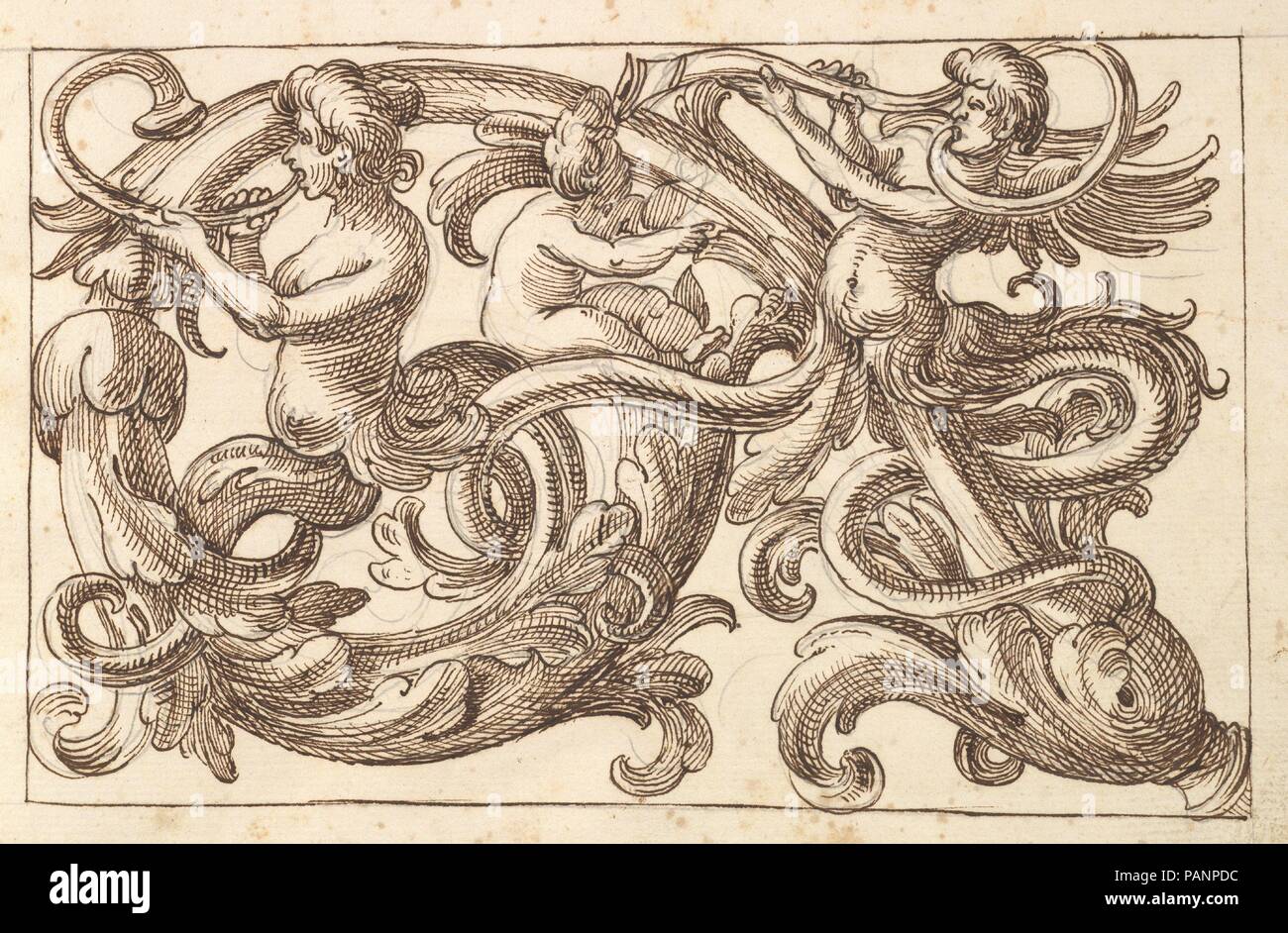 Horizontale Design mit zwei männlichen Figuren und ein Putto eingestreut zwischen Acanthus Rinceaux. Artist: Anonyme, Italienisch, Venetian, 17. Jahrhundert, in der Art und Weise der Polifilo Giancarli (aktiv in Venedig Ca. 1600-1625). Maße: Blatt: 7 1/4 x 10 5/16 in. (18,4 x 26,2 cm). Datum: 17. Jahrhundert (erste Hälfte). Design für eine horizontale Leiste gefüllt mit einem Mäander Akanthus rinceau. Zwei männliche Figuren, deren unteren Körper bestehen aus Blättern und rinceaux Spielen langen, gebogenen Hörnern. Dazwischen ein putto auf der rinceau sitzt. Museum: Metropolitan Museum of Art, New York, USA. Stockfoto