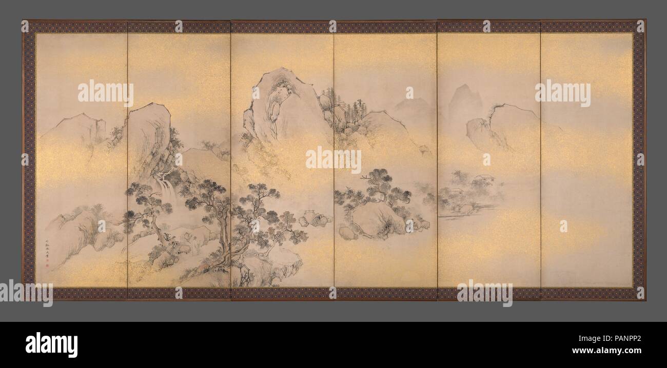 Sommer und Herbst Landschaften. Artist: Nakabayashi Chikkei (Japanisch, 1816-1867). Kultur: Japan. Abmessungen: Bild (jeder Bildschirm): 5 ft. 1/4 in. x 11 ft. 8 9/16-in. (1.53 x 3.57 m). Datum: Mitte des 19. Jahrhunderts. tiefe Schluchten. Auf dem rechten Bildschirm, der einsame eines chinesischen Gelehrten schwelgte in die üppige Vegetation und schwankenden Strom ist fast unverständlich unter den Bäumen des Sommers. Der Herbst Landschaft auf der linken Seite, mit seiner eckigen, geometrische Formen, die Berge ist der Anwesenheit des Menschen, die die Ruhe der Jahreszeit vertieft beraubt. Sparsam angewendet Tinte mit einer Prise feinen Gold Flecke cr kombiniert Stockfoto