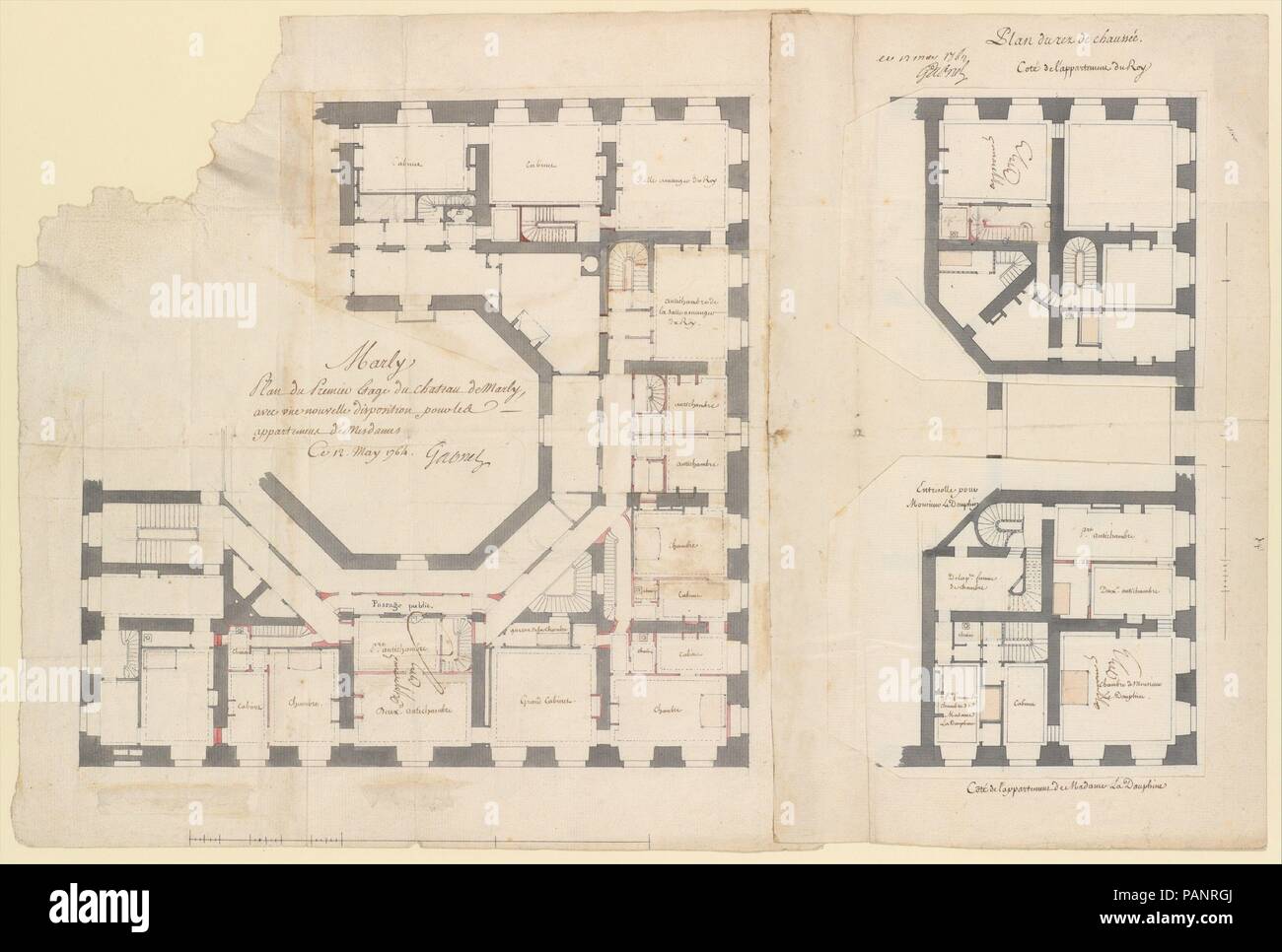 Die Pläne für das Erdgeschoss und die erste Etage des Schlosses von Marly. Artist: Ange Jacques Gabriel (Französisch, Paris 1698-1782 Paris). Abmessungen: 14 1/8 x 21 1/4 in. (35,9 x 54 cm). Ehemalige Attribution: Ehemals zugeschrieben Ange Antoine Gabriel (Französisch, Paris 1735-1781 Paris). Datum: 1764. Museum: Metropolitan Museum of Art, New York, USA. Stockfoto