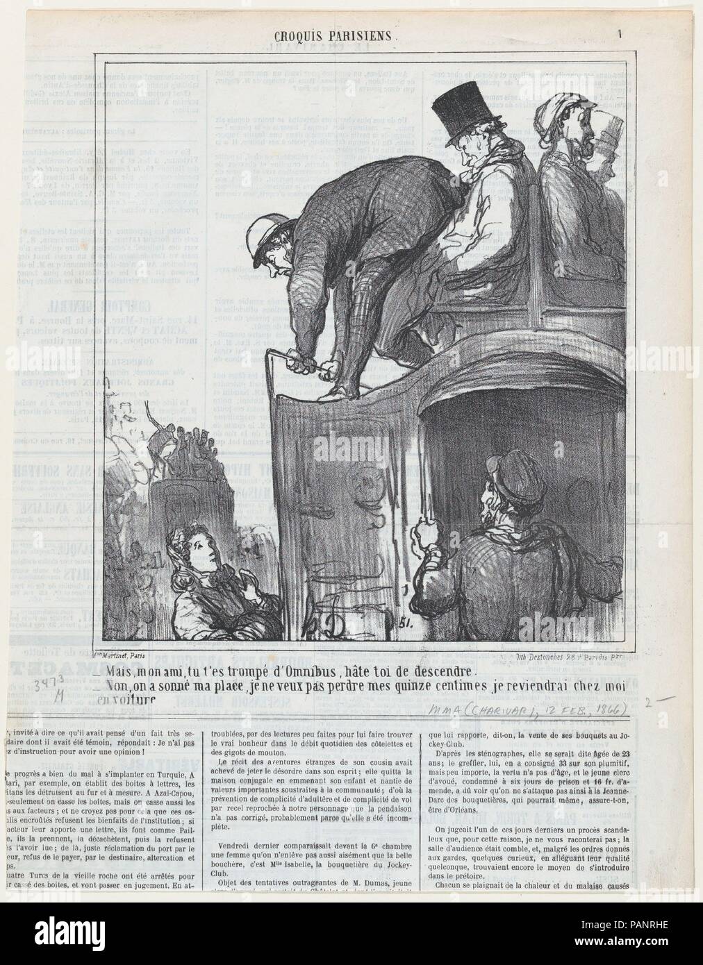 Mein Freund, Sie haben die falsche Bus genommen, schnell!, von "Pariser Skizzen", in Le Charivari, 31. Januar 1866 veröffentlicht. Artist: Honoré Daumier (Französisch, Marseille 1808-1879 Valmondois). Abmessungen: Bild: 9 5/16 x 8 3/8 in. (23,7 × 21,3 cm) Blatt: 14 1/8 in. × 11 in. (35,9 × 28 cm). Drucker: destouches (Paris). Herausgeber: Aaron Martinet (Französisch, 1762-1841). Serie/Portfolio: "Nachricht des Tages" (CMS). Datum: 31. Januar 1866. - Mein Freund, Sie haben die falsche Bus genommen, schnell! - Keine Möglichkeit... Ich habe meine 15 Cent bezahlt und ich will Sie nicht verlieren. Ich werde später ein Taxi nehmen zu ge Stockfoto