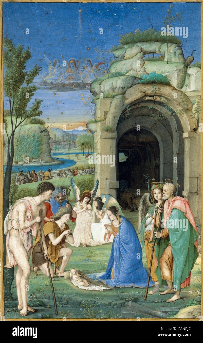 Die Anbetung der Hirten. Artist: Francesco di Marco Marmitta da Parma (Emilian, 1457-1505). Abmessungen: 9 5/8 x 6 in. (24,4 x 15,2 cm). Datum: Ca. 1500. Im wesentlichen ein kleines Gemälde auf Pergament, dieses Bild erscheint als eigenständiges Objekt für private Frömmigkeit erstellt worden zu sein. Nach einem Schreiben von 1591 früher auf der Rückseite, die er bezieht sich als "Tablet" eingefügt, die Miniatur gehörte einst zu den Medici Papst Clemens VII.(r. 1523-34) und im Jahr 1591 wurde als Geschenk von Papst Gregor XIV Christine von Lorrain, Großherzogin von Toskana. Wie in dem Schreiben erklärt, sie würde gr Stockfoto