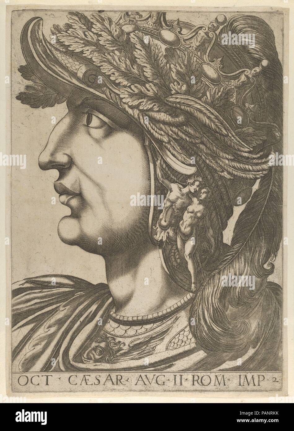 Platte 2: Octavius im Profil nach links, von "Zwölf Cäsaren". Artist: Nach Raffaello Schiaminossi (Italienisch, Borgo San Sepolcro (Arezzo) 1572-1622 Borgo San Sepolcro (Arezzo). Abmessungen: Mount: 21 15/16 in. × 16 9/16 in. (55,8 x 42 cm): 20 5/8 x 14 15/16 in. (52,4 × 38 cm) Platte: 20 1/16 x 14 7/16 in. (51 × 36,7 cm). Serie/Portfolio: Die Zwölf Cäsaren. Datum: Ca. 1610-40. Museum: Metropolitan Museum of Art, New York, USA. Stockfoto