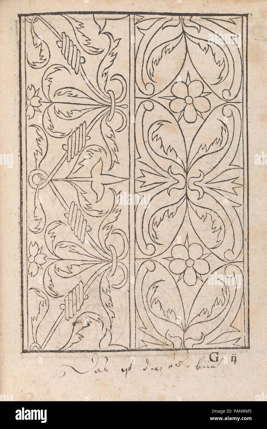 Neue Modelbüch allen Nägerin U. Sydenstickern (Seite 26 r). Designer: Hans Hoffman (Deutsch, aktive Straßburg, 1556). Maße: Gesamt: 7 5/16 x 5 5/16 in. (18,5 x 13,5 cm). Herausgeber: Jakob Frölich, Strassburg. Datum: 1556. Von Hans Hoffman (Deutsch, aktive Straßburg 1556) und von Jacob Fr?lich, Straßburg veröffentlicht. Illustrierte Titelseite mit Hoffman's Monogramm, Erzählung Szene auf der Rückseite der Titelseite, Widmung (2 Seiten), 49 Seiten von Designs, die Seite mit Informationen über den Herausgeber und Erzählung Szene auf der letzten Seite. Museum: Metropolitan Museum of Art, New York, USA. Stockfoto