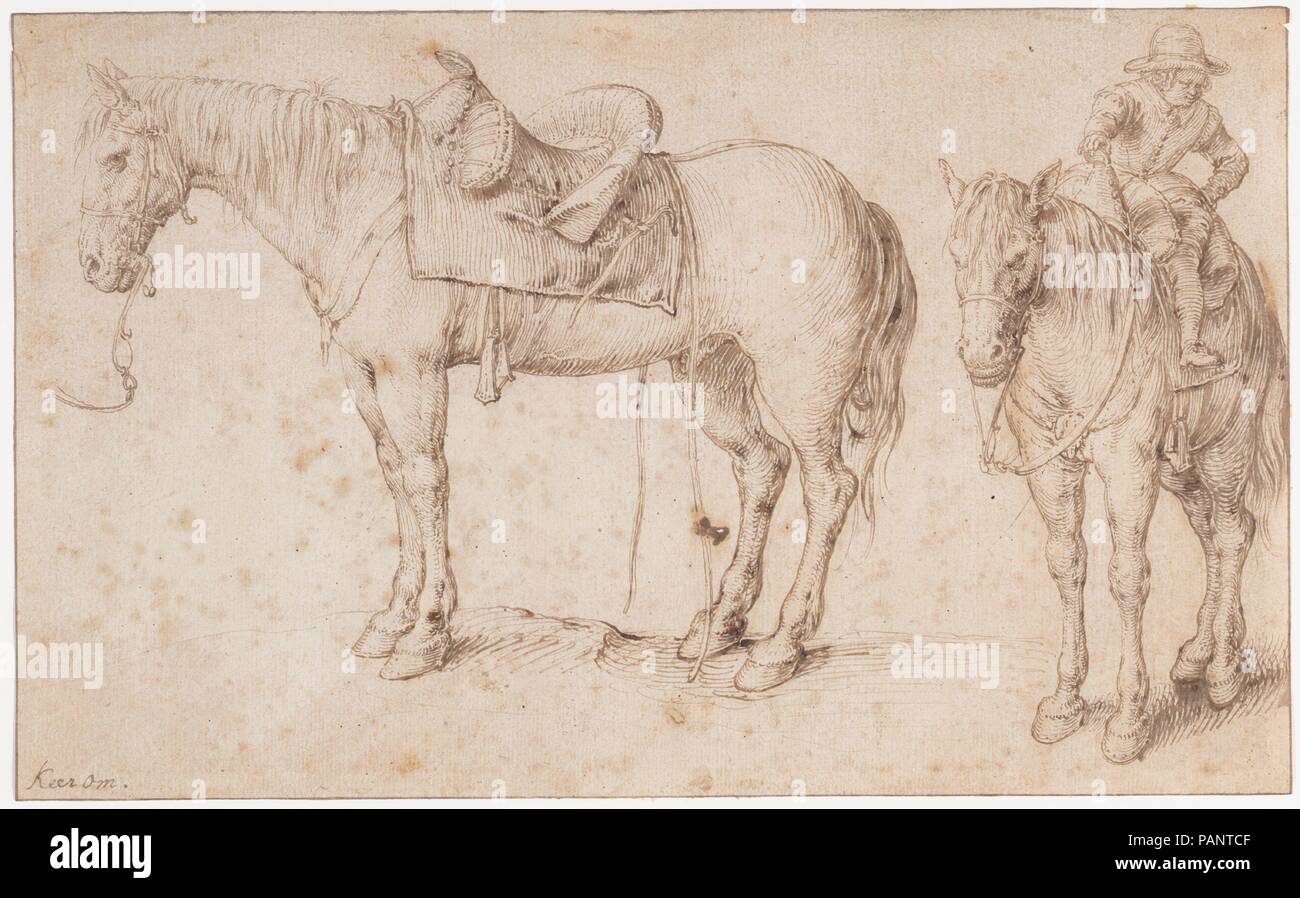 Zwei Studien einer gesattelte Pferd und ein Pferd mit einem Jungen auf dem Rücken; Verso: Studie über eine Bean plant. Artist: Jacques de Gheyn II (Niederländischen, Antwerpen 1565-1629 Den Haag). Maße: Blatt: 6 15/16 x 11 5/16 in. (17,7 x 28,7 cm). Datum: Ca. 1602. Zu den besten niederländischen Graveure aktiv in den Kreis der Hendrick Goltzius, Jacob de Gheyn II ist auch als einer der großen niederländischen Zeichner seiner Zeit anerkannt. Diese doppelseitige Studie, die erst vor kurzem wieder aufgetaucht ist, ist ein Beispiel für sorgfältige und sensible Beobachtung des Künstlers der Natur sowie seine virtuose Zeichnung Technik, die Wurzel war Stockfoto