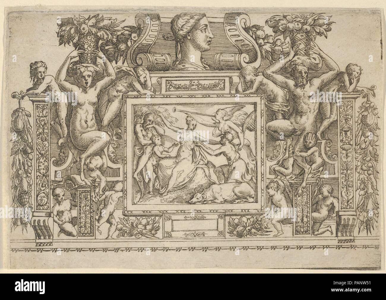 Frau mit ausgestreckten Armen sitzt, Personifizierung des Ruhmes mit Trompete an Recht, innerhalb einer aufwendigen Rahmens fest. Artist: Battista angolo del Moro (Italien, Verona Ca. 1515-ca. 1573 Murano); Früher zugeschrieben, Andrea Schiavone (Andrea Meldola) (Italienisch, Zadar (Zara) Ca. 1510?-1563 Venedig); Nach Jacques Androuet Du Cerceau (Französisch, Paris 1510/12-1585 Annecy). Maße: Blatt: 5 1/8 x 7 1/8 in. (13 × 18,1 cm). Datum: Ca. 1540-80. Museum: Metropolitan Museum of Art, New York, USA. Stockfoto