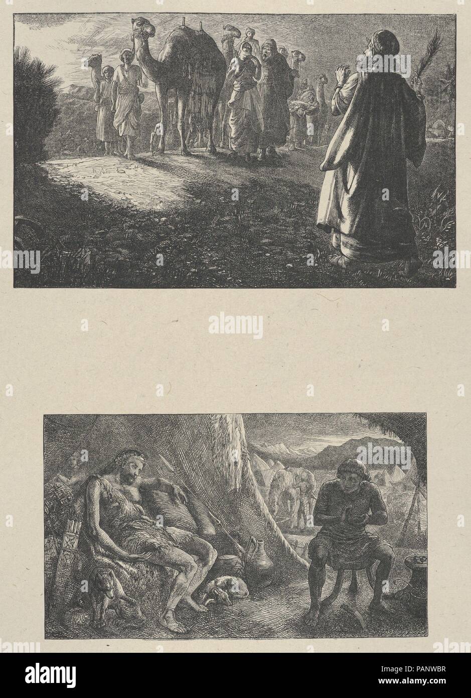 Isaac Tagung Rebekah-Esau verkaufte sein Erstgeburtsrecht (Dalziels "Bibel Galerie). Artist: Thomas Dalziel (Briten, Altdorf, Northumberland 1823-1906 Herne Bay, Kent). Abmessungen: Bild: 4 5/16 x 6 13/16-in. (10,9 × 17,3 cm) Bild: 3 1/2 x 5 7/8 in. (8,9 x 15 cm) Indien: 11 1/8 x 8 1/4 in. (28,3 x 21 cm): 16 3/8 in. × 12 15/16 in. (41,6 × 32,9 cm). Engraver: Dalziel Brüder (British, 1839-1893) aktiv. Drucker: Camden Drücken Sie (Briten, London). Verlag: Scribner und Welford (New York, NY). Datum: 1865-81. Museum: Metropolitan Museum of Art, New York, USA. Stockfoto