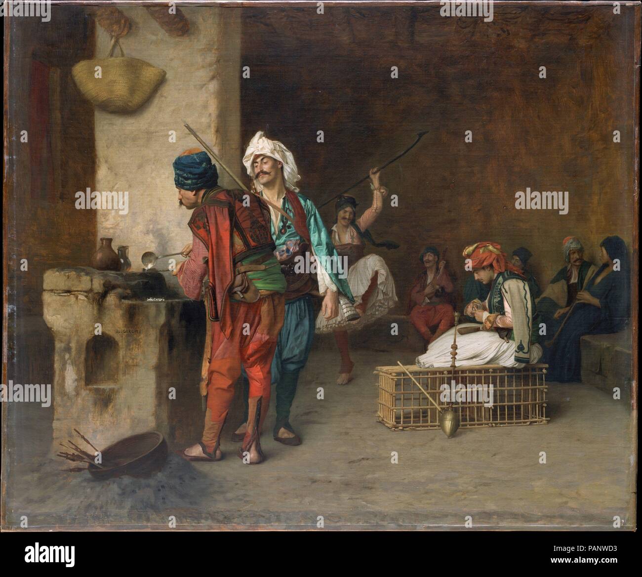 Cafe House, Kairo (Casting Kugeln). Artist: Jean-Léon Gérôme (Französisch, Vesoul 1824-1904 Paris). Abmessungen: 21 1/2 x 24 3/4 in. (54,6 x 62,9 cm). Datum: 1884 oder früher. Bashi-bazouks, Söldner, Soldaten in der Armee des türkischen Sultans, Gesetzlosigkeit und wurden für ihre Brutalität bekannt, aber Gérôme sie normalerweise in der Freizeit dargestellt, als er hier war, anstatt im Kampf engagiert. Seine häufigen Wiederholungen des Themas über einen 30-jährigen Zeitraum, in Verbindung mit einer Technik, die früh gereift und wenig verändert, diese Leinwände auf der Grundlage der Stil allein schwierig machen. Gérôme wahrscheinlich Stockfoto