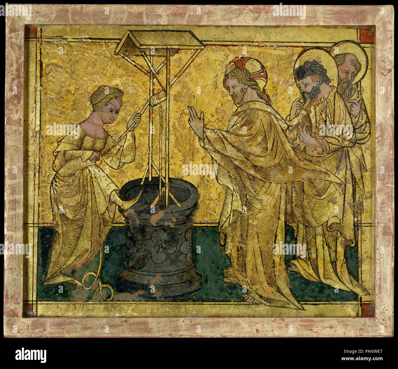 Jesus und der Samariterin am Brunnen. Kultur: Südwest deutscher (?). Abmessungen: Insgesamt (ohne Rahmen): 7 1/16 x 8 1/2 in. (18 x 21,6 cm) eingerahmt: 8 1/16 x 9 3/8 x 13/16 in. (20,5 x 23,8 x 2 cm). Datum: Ca. 1420. Dieser frühen Beispiel von Reverse Glasmalerei kann einen wurden eine Reihe mit Szenen aus dem Leben Jesu. Das Thema ist ein selten dargestellte Episode aus dem Evangelium des Johannes, in der Jesus spricht mit der Frau aus Samaria. Die Begegnung war unerwartet, da, wie der hl. Johannes sagte: "Juden nicht mit den Samaritern zu verknüpfen." Als Ergebnis ihrer Gespräche, die Frau c wurde Stockfoto