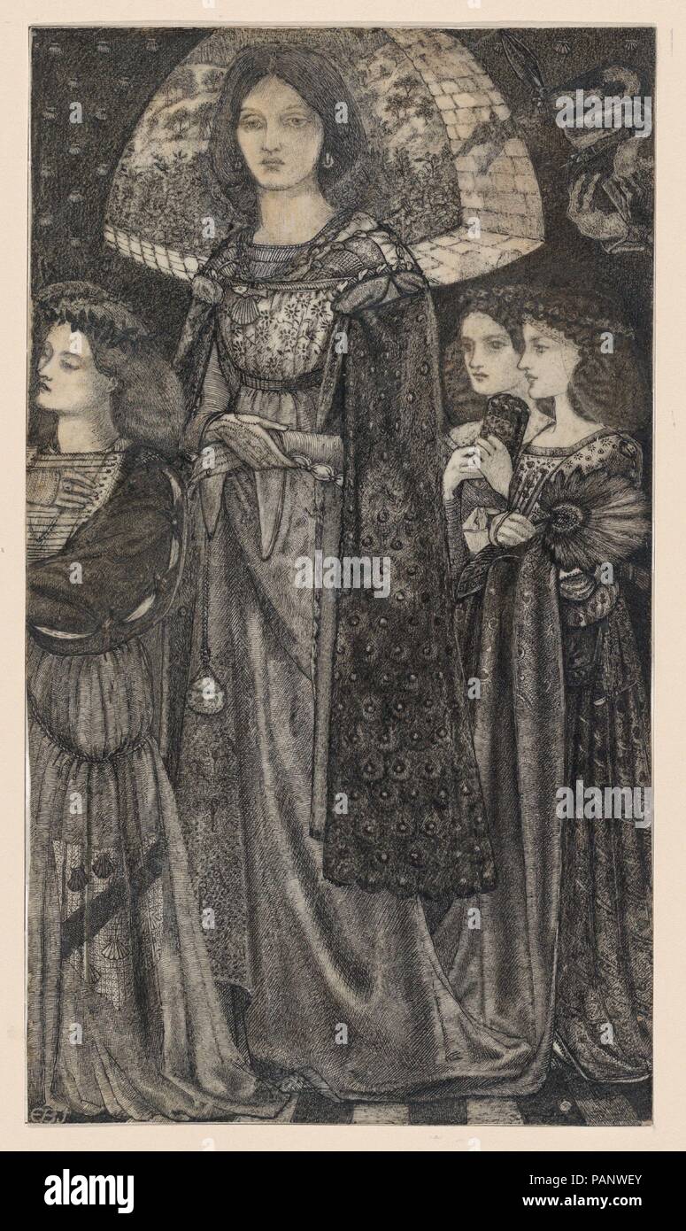 Alice, la Belle Pèlerine. Künstler: Sir Edward Burne-Jones (Briten, Birmingham 1833-1898 Fulham). Maße: Blatt: 10 in. × 5 11/16 in. (25,4 × 14,5 cm). Datum: 1858-9. Im Jahre 1856, während seines Studiums der Theologie in Oxford, die 20-jährige Burne-Jones tourte gotischen Kathedralen in Frankreich mit seinem Freund William Morris, mit Dante Gabriel Rossetti in London gehört, und beschlossen, das College zu verlassen und zu verfolgen, die Art John Ruskin riet ihm eng am Albrecht Dürer zu schauen, und die vorliegende Zeichnung zeigt den Einfluss von, Deutscher Meister mit Aspekten der Rossetti, verschiedene Verfasser kombiniert Stockfoto