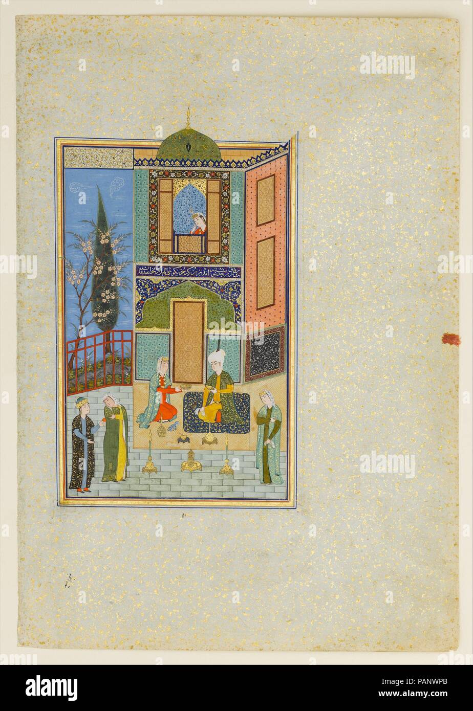 "Bahram Gur in der Green Palace am Montag", Folio aus einem khamsa (Quintett) von nizami. Autor: Nizami (Ilyas Abu Muhammad Nizam al-Din von Ganja) (vermutlich 1141-1217). Abmessungen: Malerei: H. 7 1/4 in. (18,4 cm) W. 5. (12,7 cm) Seite: H. 12 3/4 in. (32,4 cm) W. 8 5/8 in. (21,9 cm) Matte: H.19 cm. (48,9 cm) W. 14 1/4 in. (36,2 cm). Datum: A.H. 931 / A.D. 1524-25. Die Haft Paikar (Sieben Porträts) ist eine der fünf Gedichte der khamsa von nizami. Die Poesie ist mystisch und veranschaulichen die Vorherrschaft der göttlichen Liebe über die irdischen Freuden. In der Geschichte, Bahram Gur heiratet sieben Prinzessinnen Stockfoto