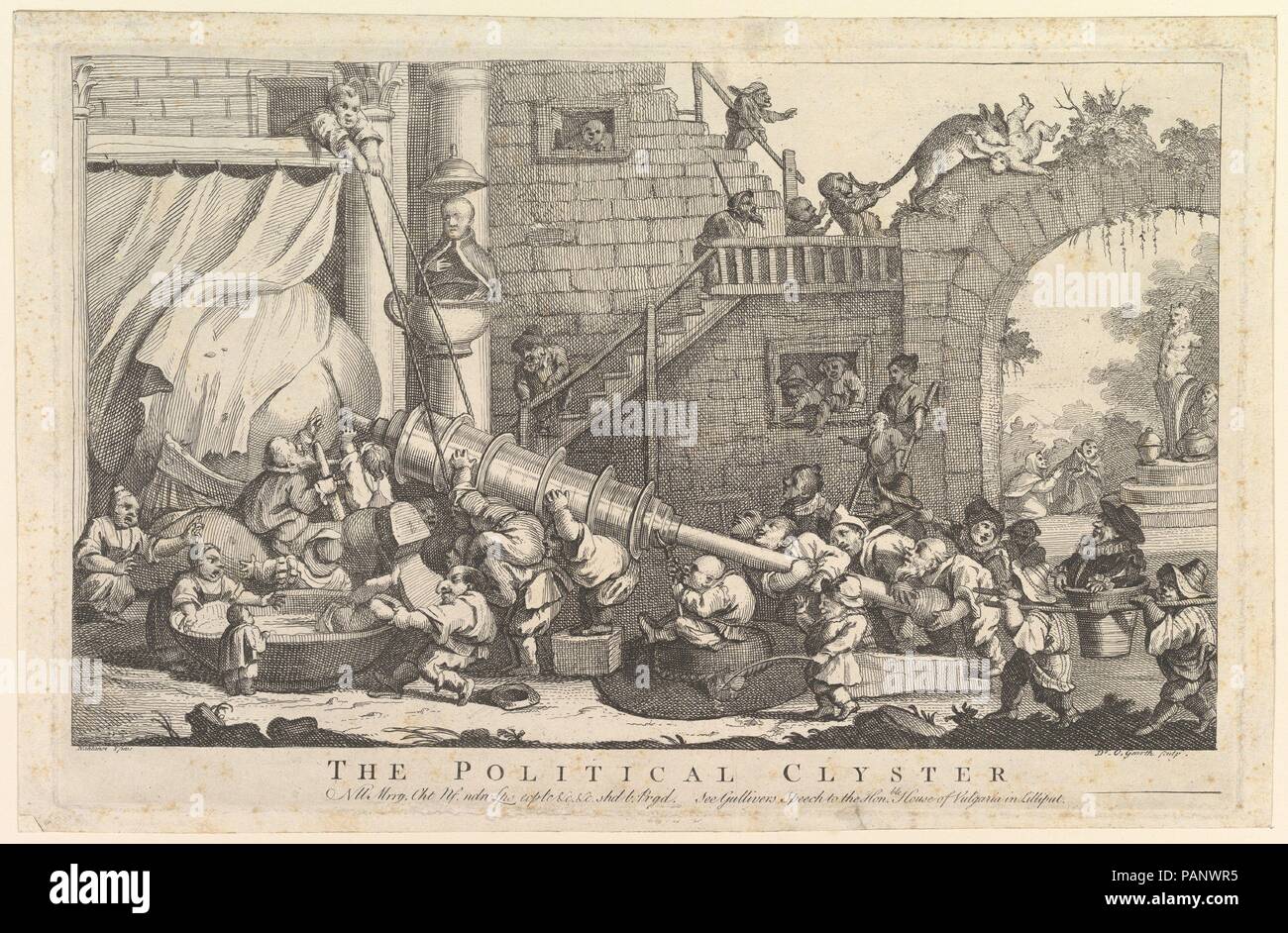 Die politische Klistier. Artist: Abgeleitet von William Hogarth (Briten, London 1697-1764 London). Abmessungen: Platte: 8 1/16 x 12 3/4 in. (20,5 x 32,4 cm) Blatt: 8 3/4 x 13 5/8 in. (22,2 x 34,6 cm). Herausgeber: Robert Sayer (Briten, Sunderland 1725-1794 Bad). Datum: Januar 1757. Museum: Metropolitan Museum of Art, New York, USA. Stockfoto