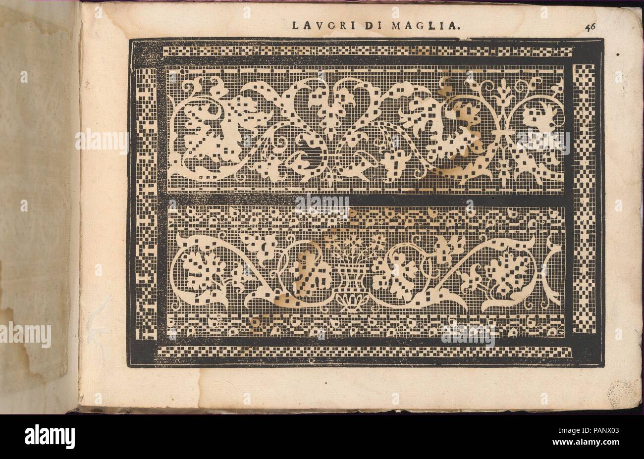 Teatro delle Nobili et wirbelnden Rondothema fort, Donne..., Seite 42 (recto). Autor: Isabella Catanea Parasole (Italienisch, Ca. 1565/70 - Ca. 1625). Maße: Gesamt: 7 1/2 x 10 7/16 in. (19 x 26,5 cm). Herausgeber: Mauritio Bona, Rom. Datum: 1616. Von Isabella Catanea Parasole, Italienisch geschrieben, Ca. 1575-ca. 1625, durch Mauritio Bona, Rom veröffentlicht. Von oben nach unten und von links nach rechts: Design aus 2 vermaschte horizontale Register, die auf allen Seiten von schmuckrahmen gerahmt sind. Startseite Registrieren ist mit einem Muster von geschwungenen Ranken und Blätter, mit schwarzen Diamanten, die Form eines Herzens Form verziert dekoriert Stockfoto