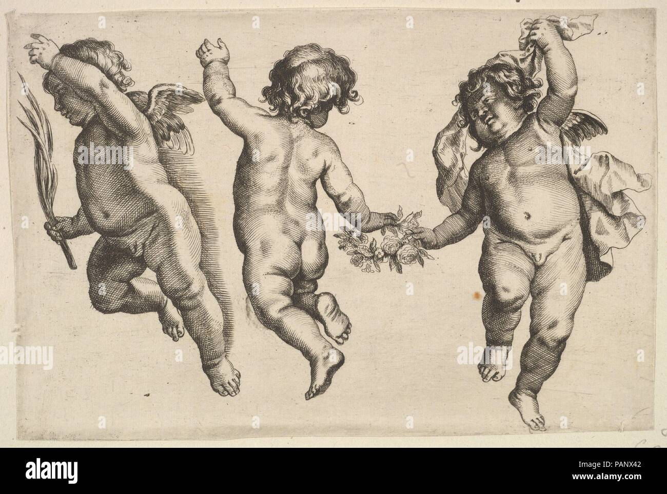 Zwei Putten tanzen mit einem kleinen Jungen, nicht von Hollar. Artist: Wenzel Hollar (Böhmische, Prag 1607-1677 London). Maße: Blatt: 5 5/16 x 7 13/16-in. (13,5 × 19,8 cm). Datum: 1625-77. Zwei Putten tanzen mit einem kleinen Jungen. Museum: Metropolitan Museum of Art, New York, USA. Stockfoto